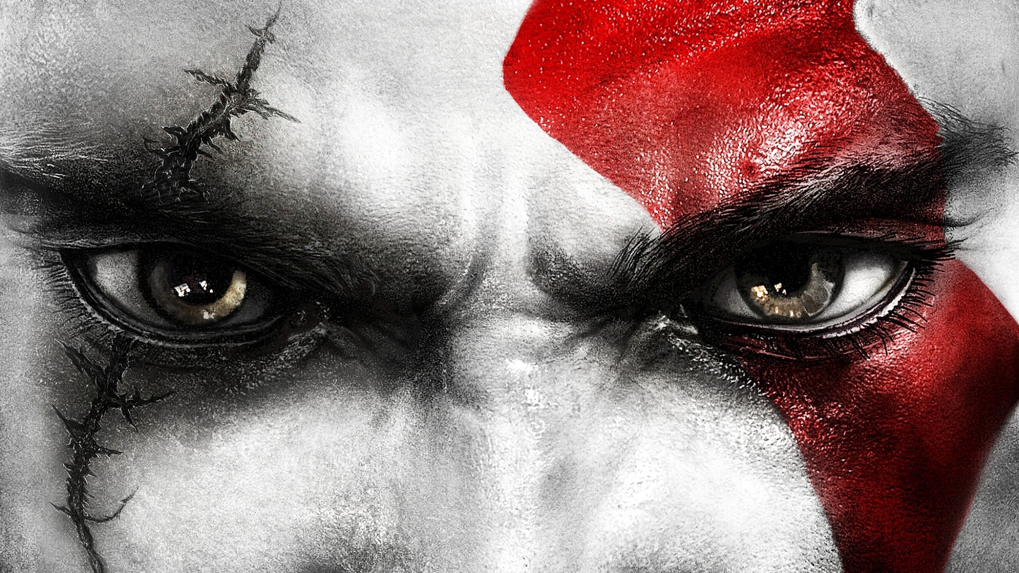 Kratos, God of War, Occhi, Tatuaggio rosso, Primo piano, Full HD, sfondo per portatile