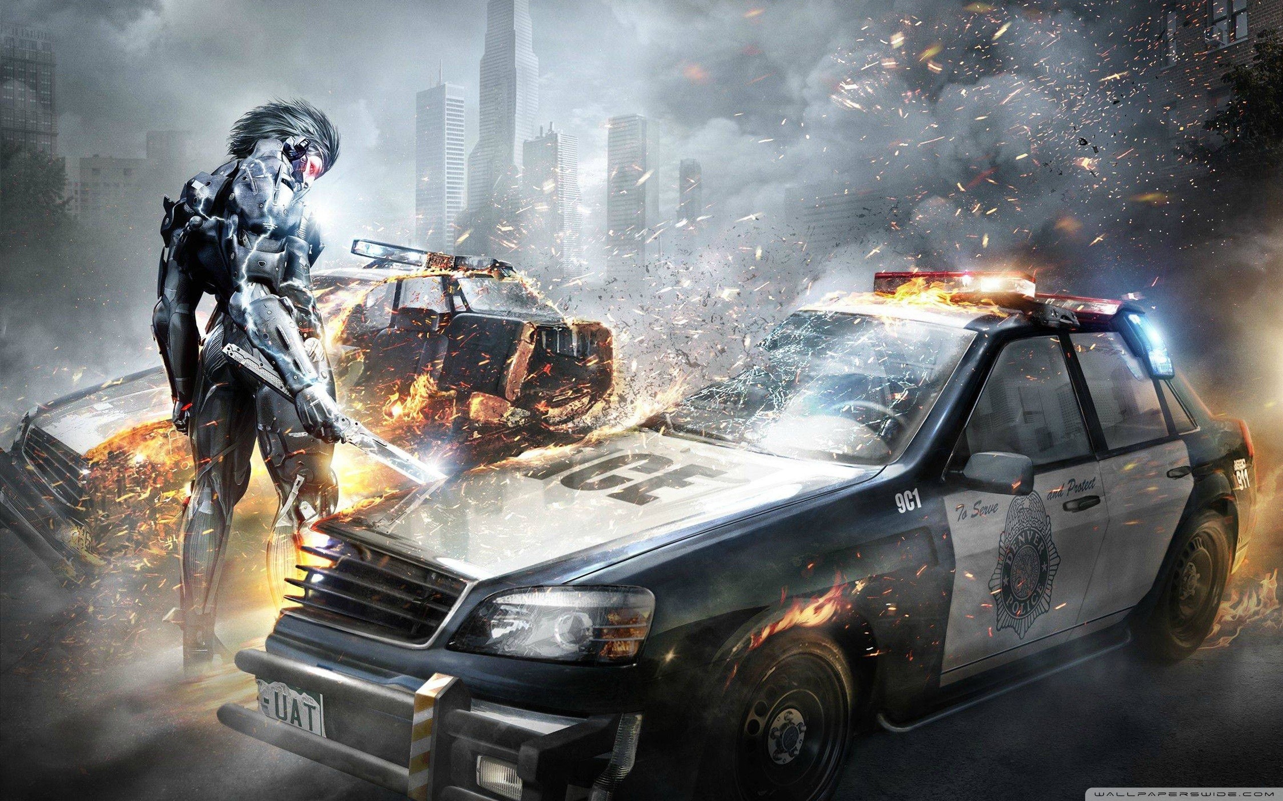 Raiden, Metal Gear Rising: Revengeance, Auto della polizia, Esplosione, sfondo 2K per portatile
