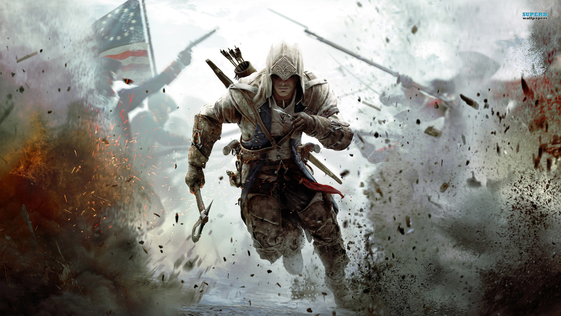 Connor Kenway, Assassin's Creed III, Battaglia, Corsa, Esplosione, sfondo 1920x1080 per PC