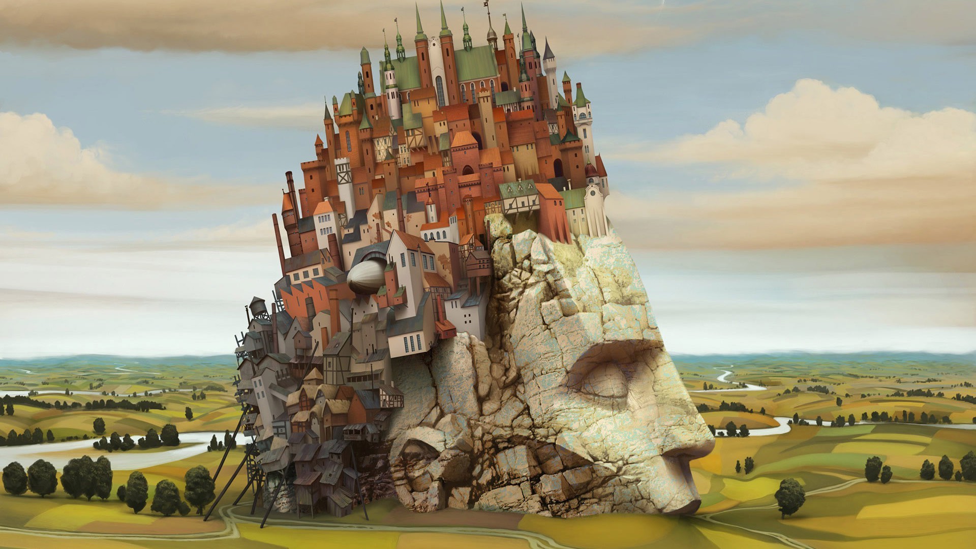 Città su roccia, Volto di pietra, Surrealismo, Castello, Paesaggio fantastico, wallpaper desktop