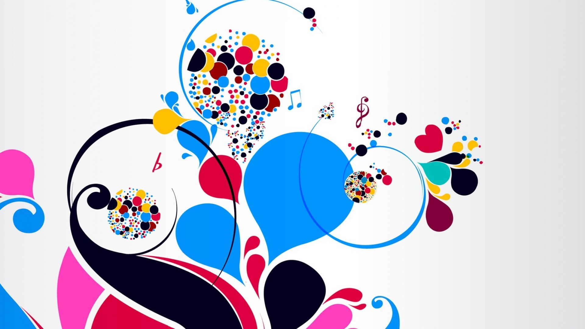 Arte vettoriale, Cerchi colorati, Note musicali, Sfondo bianco, 16:9 Full HD, wallpaper widescreen