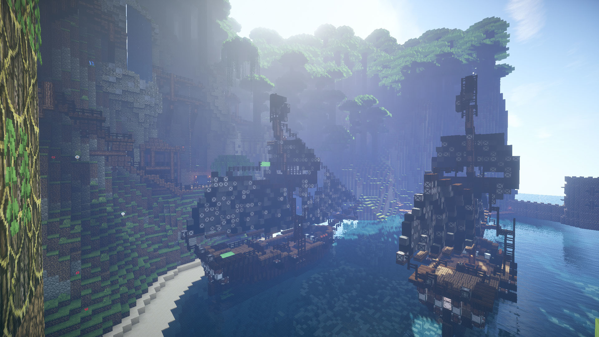 Minecraft, Navi pirata, Baia, Scogliera, 1920x1080, immagine di sfondo