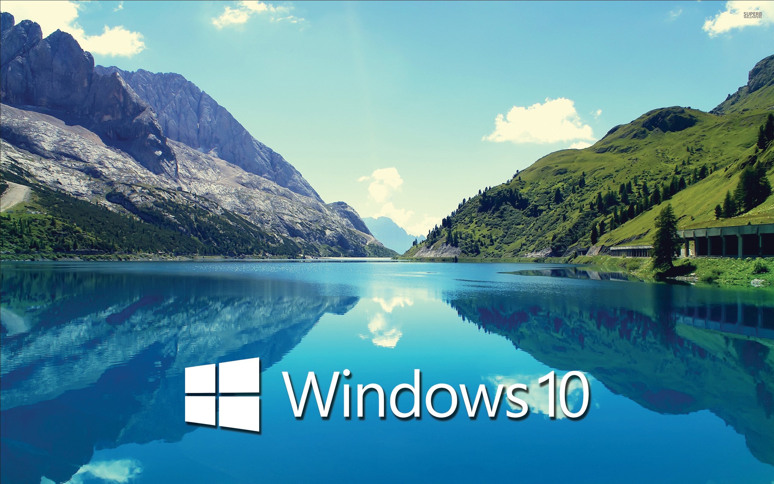 Windows 10, Logo Windows, Lago di Fedaia, Dolomiti, Lago alpino, sfondo widescreen 2K