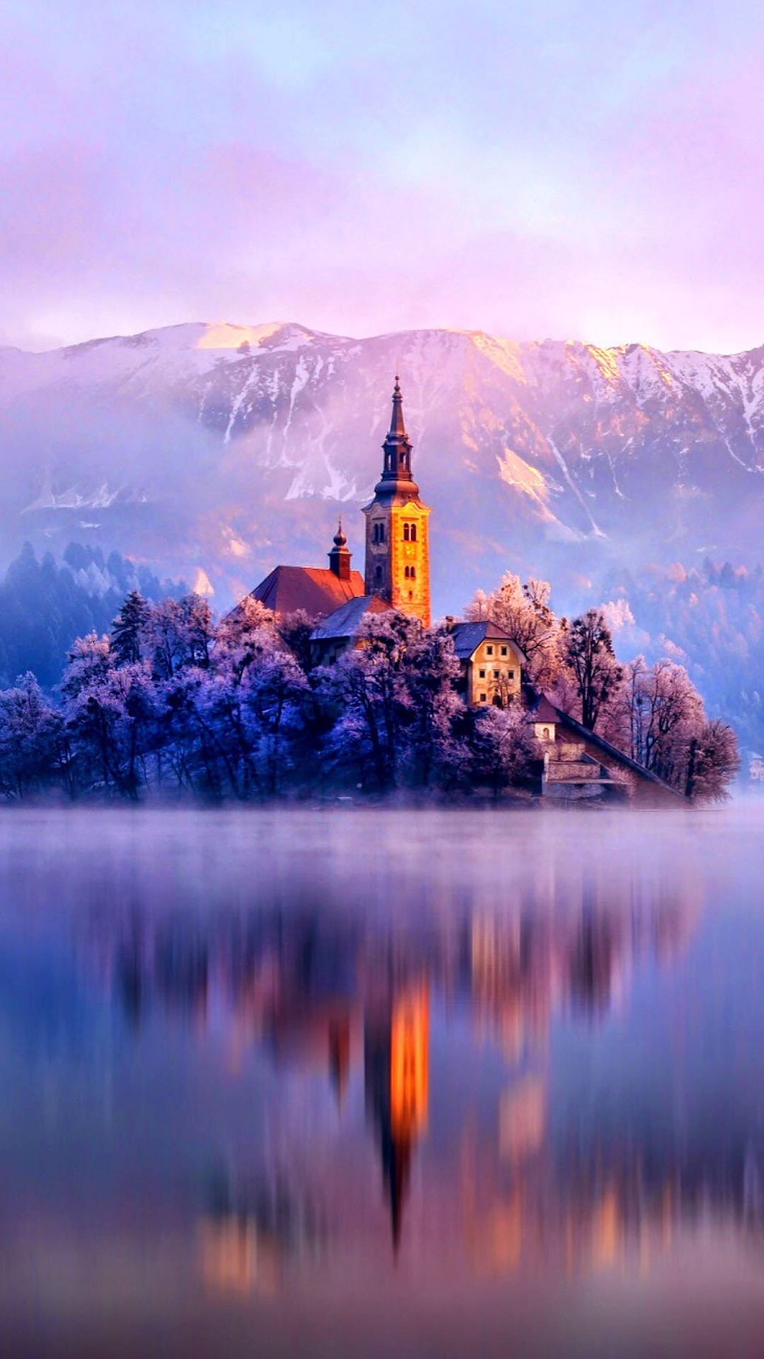 Lago di Bled, Isola di Bled, Slovenia, Chiesa, Riflesso, Alba, sfondo schermata di blocco iPhone 6S