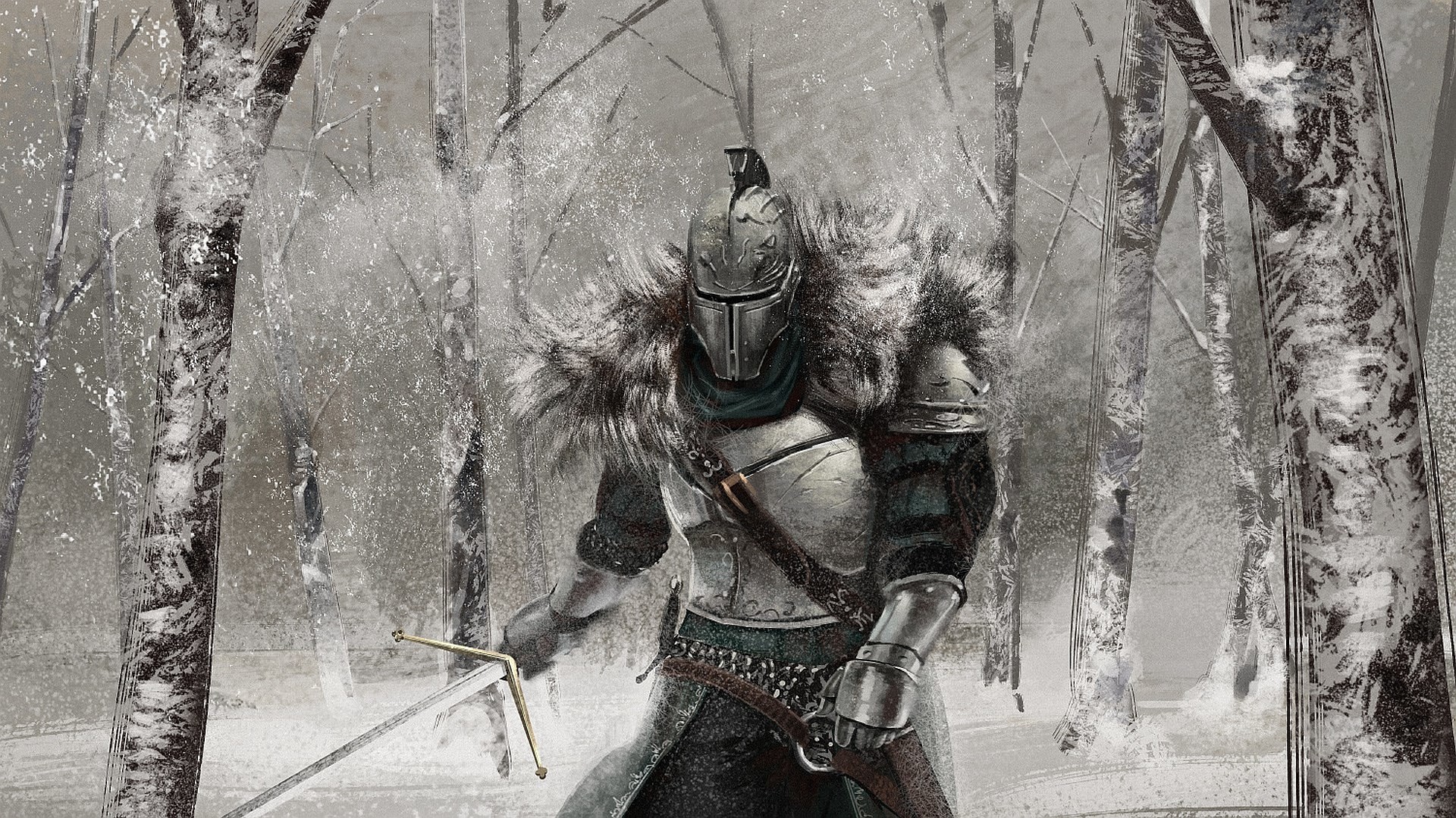 Dark Souls II, Cavaliere in armatura, Neve, Foresta invernale, 16:9 Full HD, wallpaper widescreen