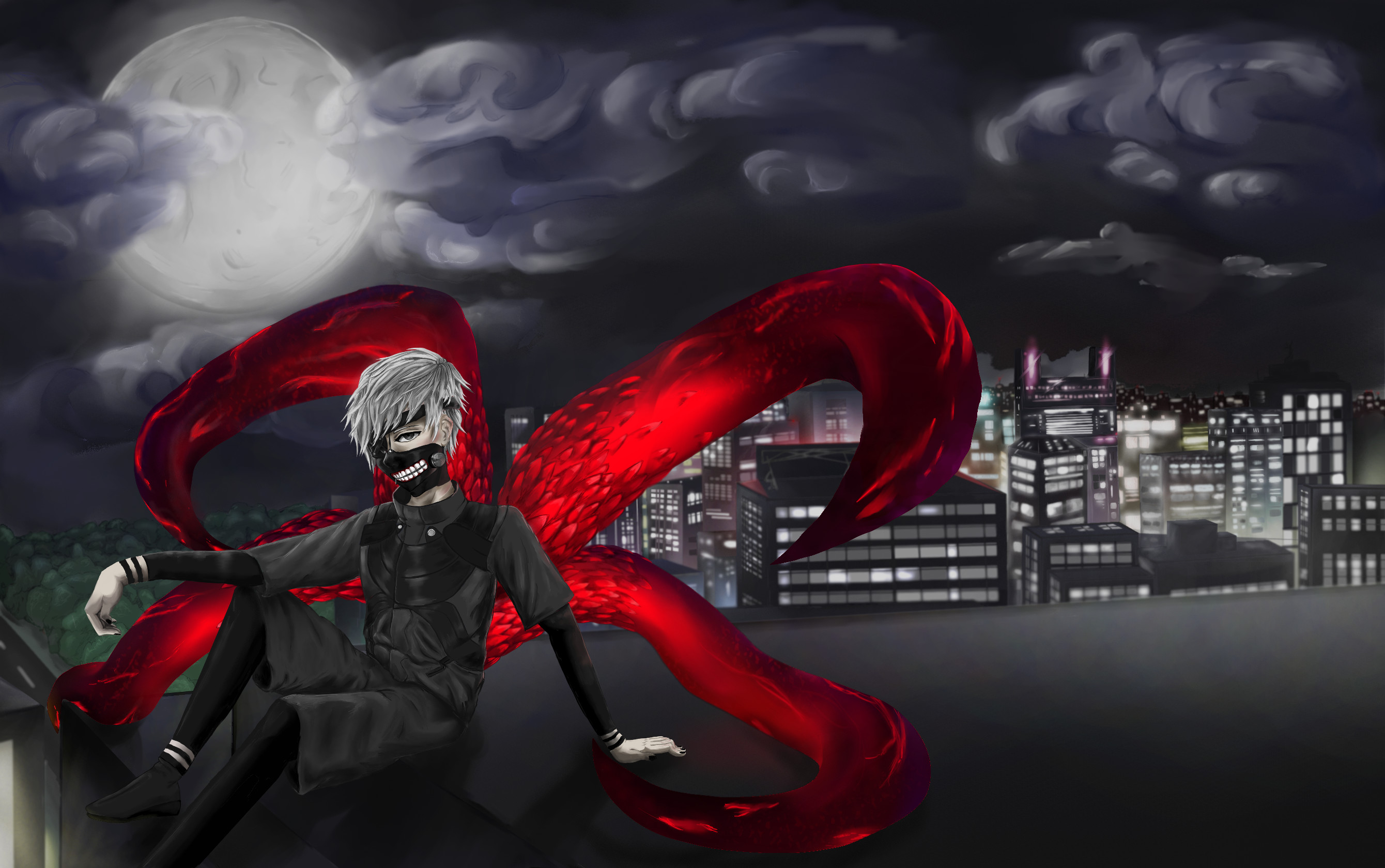 Ken Kaneki, Tokyo Ghoul, Kagune, Luna, Città notturna, 2K, sfondo per PC e portatile