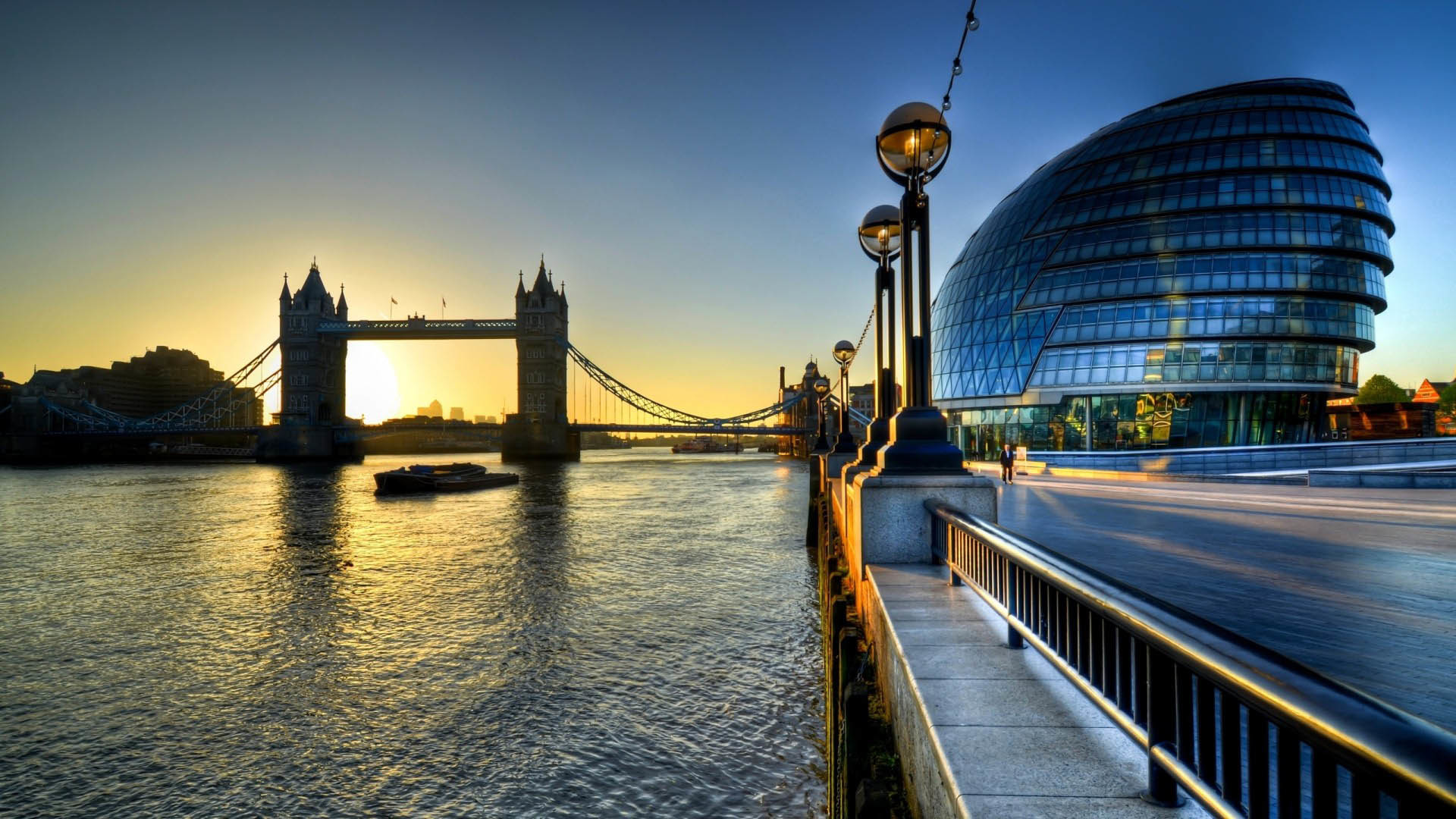 City Hall, Tower Bridge, Londra, Tamigi, Tramonto, 16:9 Full HD, sfondo widescreen