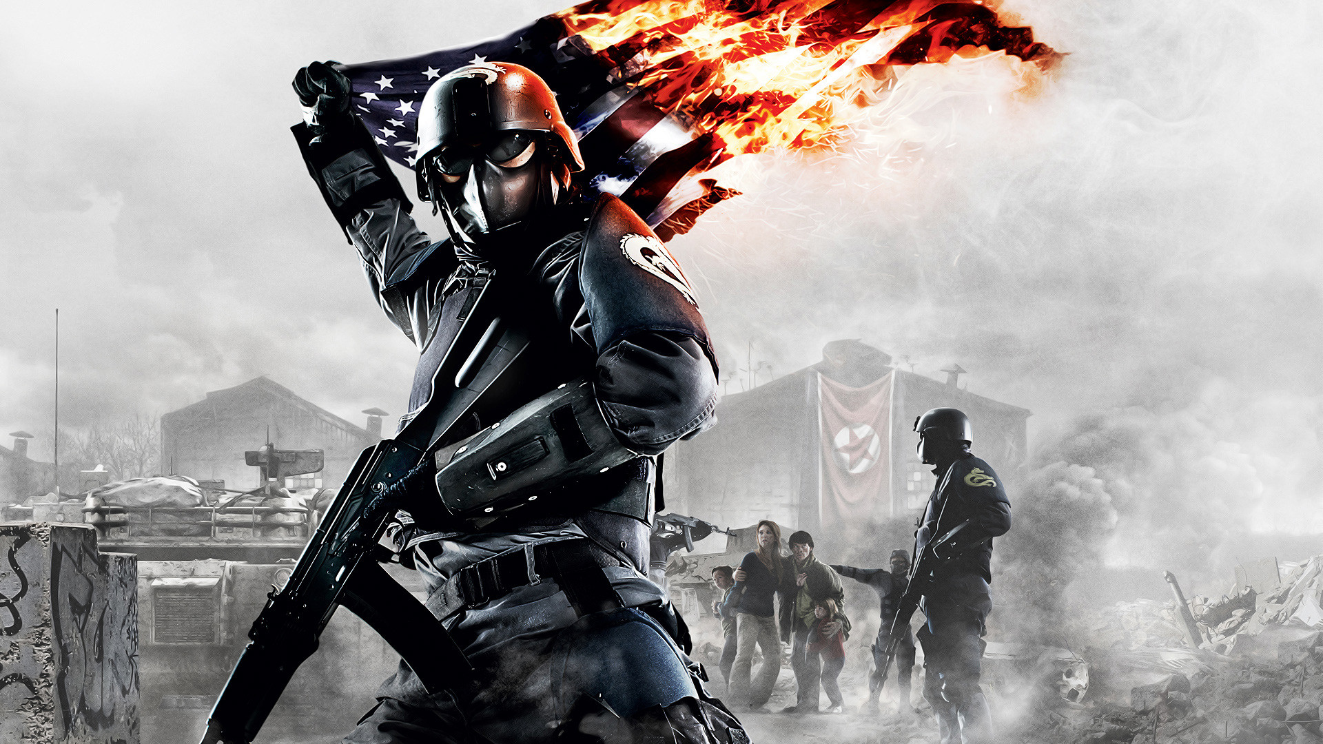 Homefront, Soldato, Bandiera americana in fiamme, Fucile, Full HD, immagine di sfondo PC