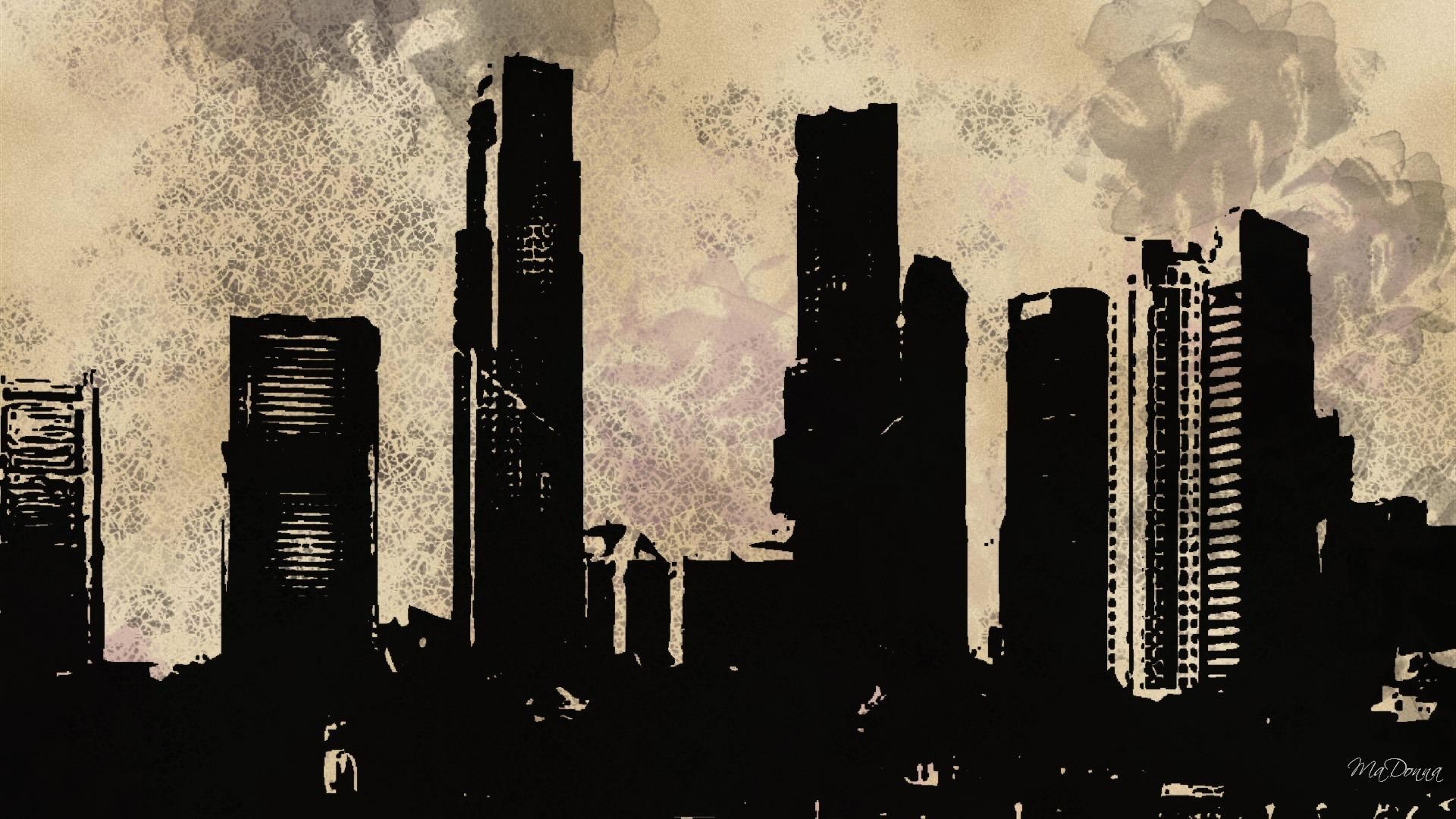 Skyline, Grattacieli, Silhouette, Città, Texture grunge, Full HD, sfondo per PC e portatile