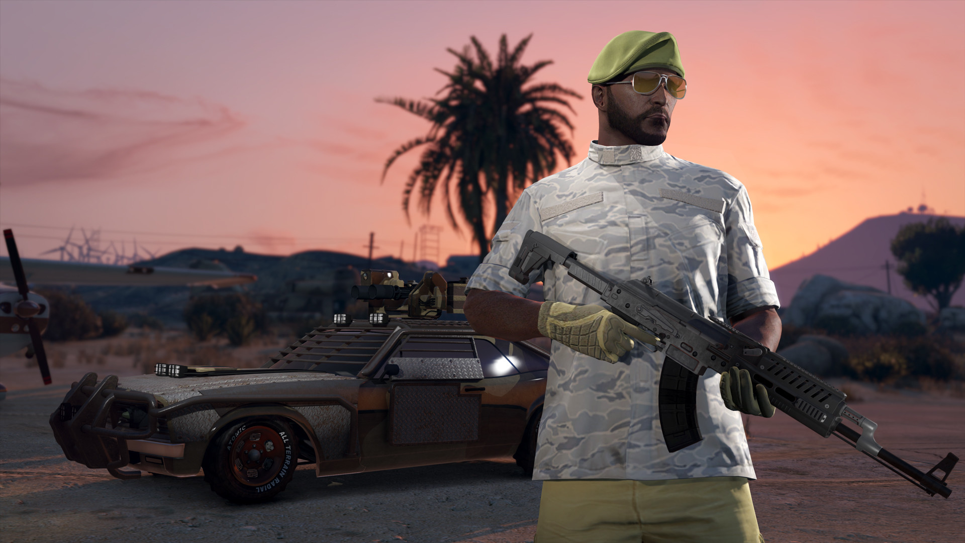 Grand Theft Auto V, Fucile d'assalto, Auto blindata, Tramonto, Full HD, sfondo per portatile