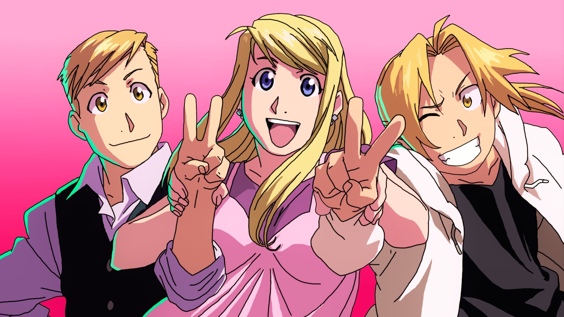 Alphonse Elric, Winry Rockbell, Edward Elric, Fullmetal Alchemist: Brotherhood, Sfondo rosa, wallpaper Full HD