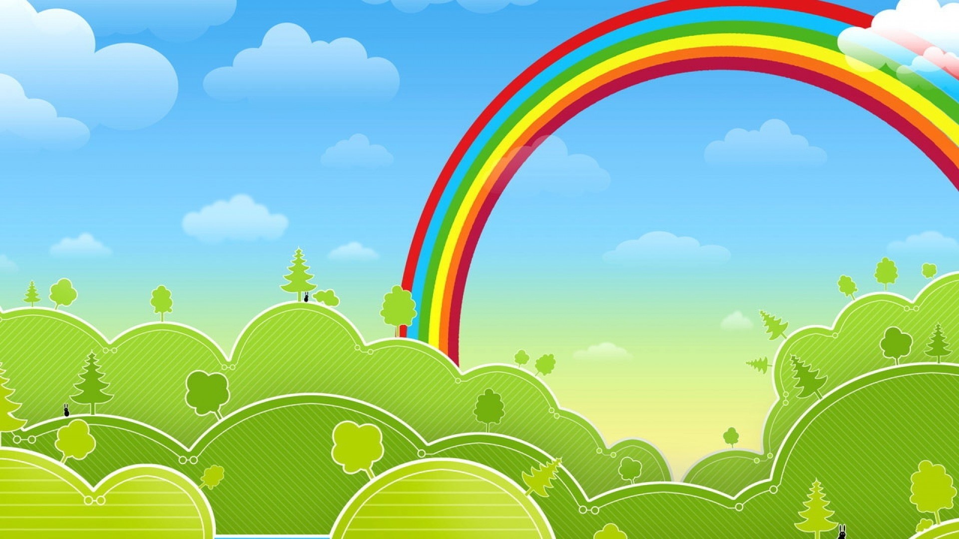 Arcobaleno, Cartone animato, Colline verdi, Nuvole, 16:9 Full HD, sfondo widescreen