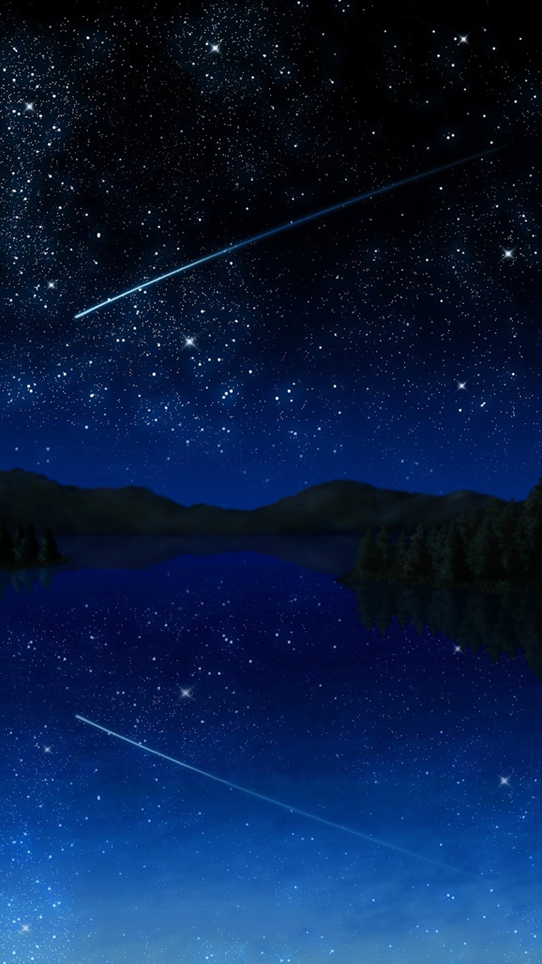 Stelle cadenti, Lago, Cielo stellato, Notte, Riflesso, sfondo Galaxy S8 Full HD