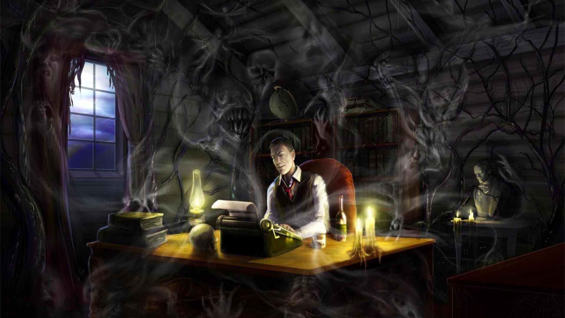 H. P. Lovecraft, Scrittoio, Candele, Fantasmi, Full HD, sfondo per portatile