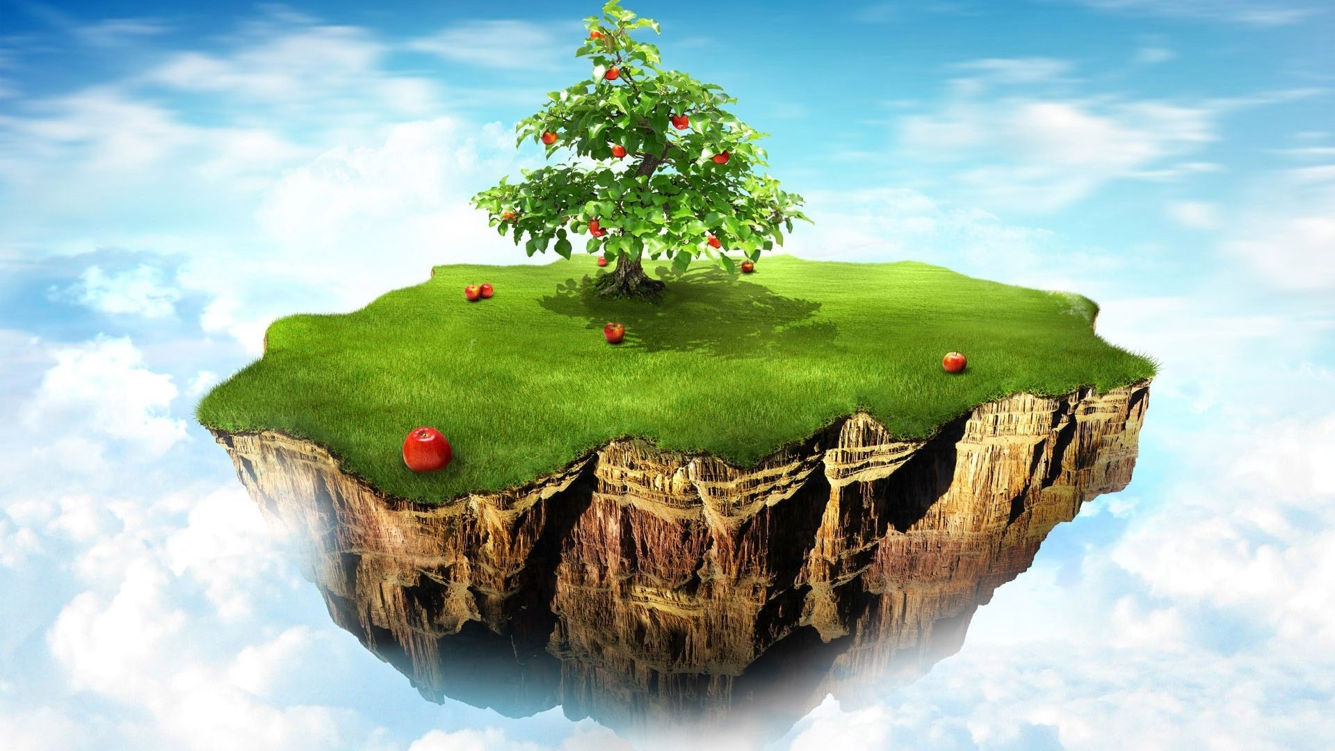 Isola fluttuante, Albero di mele, Nuvole, Fantasia, Full HD, wallpaper per computer