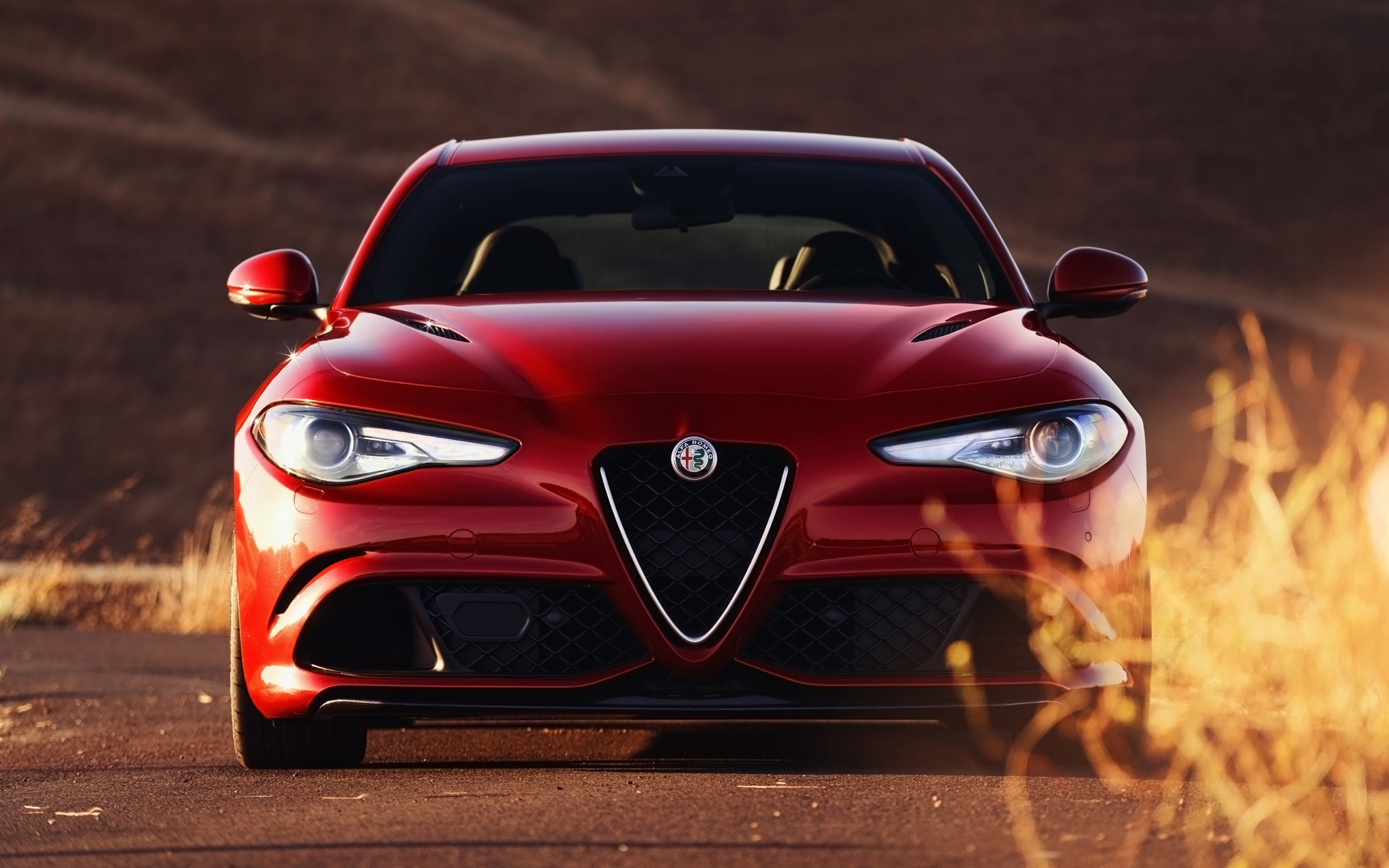 Alfa Romeo Giulia Quadrifoglio, Rosso, Vista frontale, Tramonto, sfondo widescreen 2K
