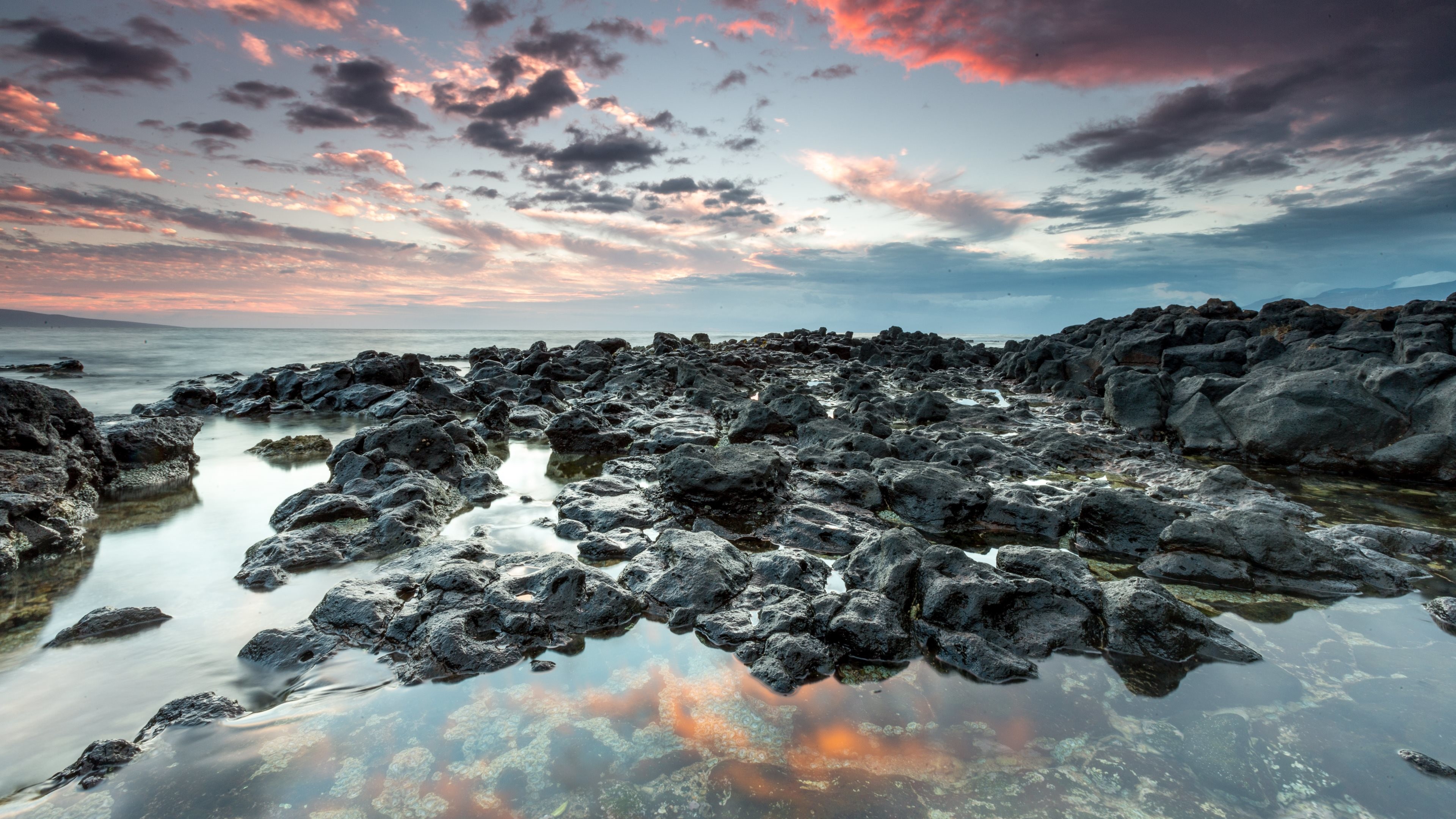 Scogli, Mare, Tramonto, Nuvole, 16:9 4K, wallpaper widescreen