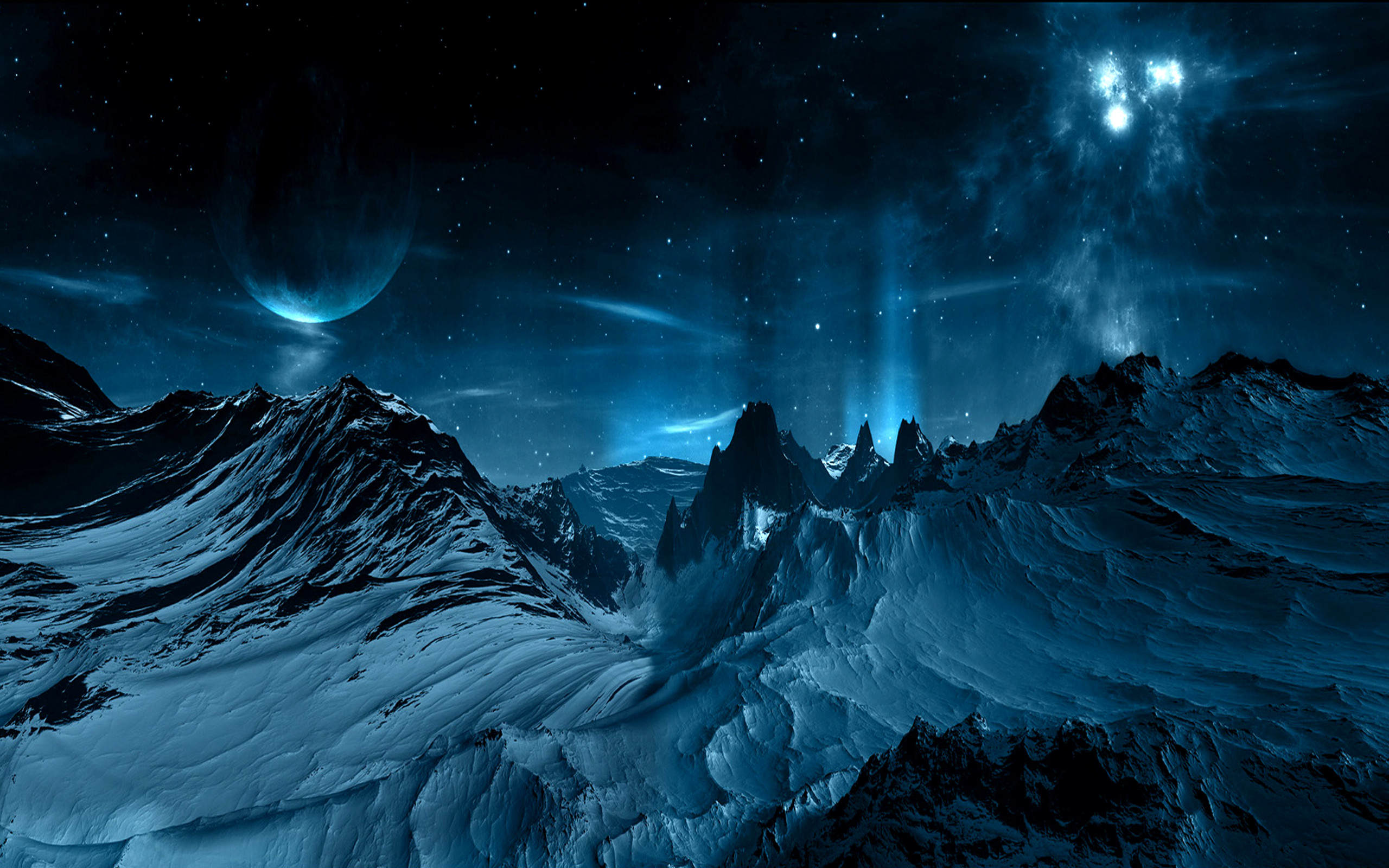Pianeta alieno, Montagne ghiacciate, Aurora, Notte blu, 2K 1600p, sfondo desktop