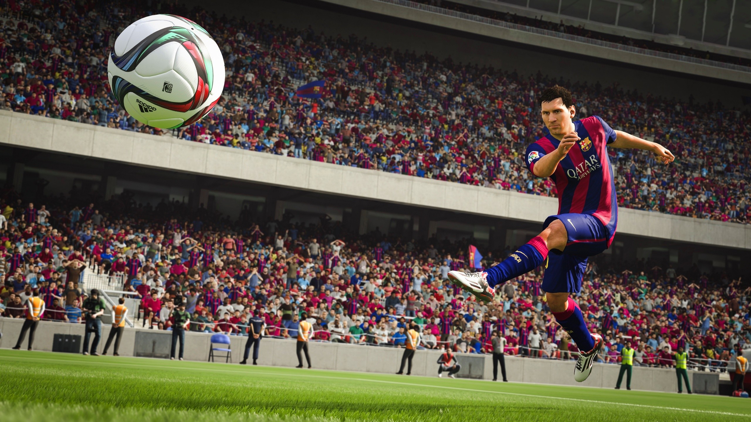 Lionel Messi, FC Barcelona, FIFA 16, Tiro al volo, Stadio, 2K 1440p, sfondo desktop