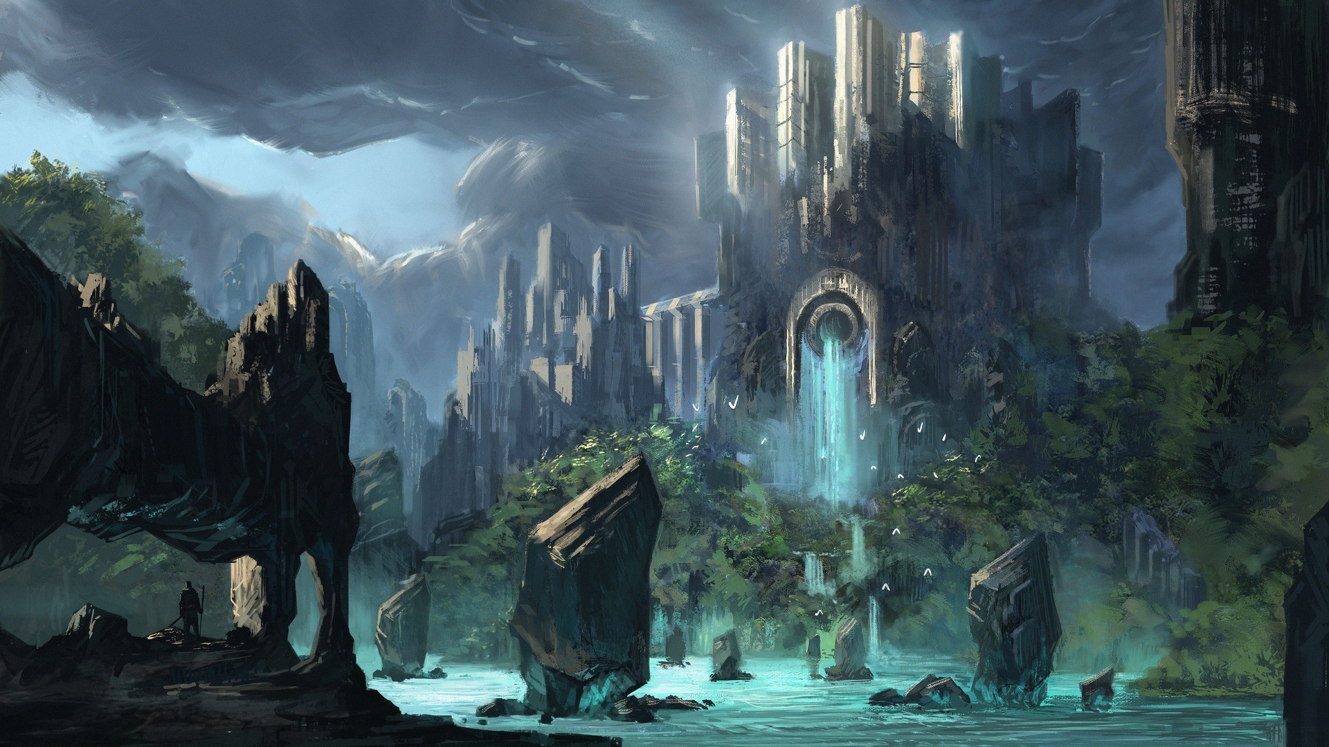 Città fantastica, Castello, Portale, Rocce, Fantasy, Acqua turchese, wallpaper desktop Full HD