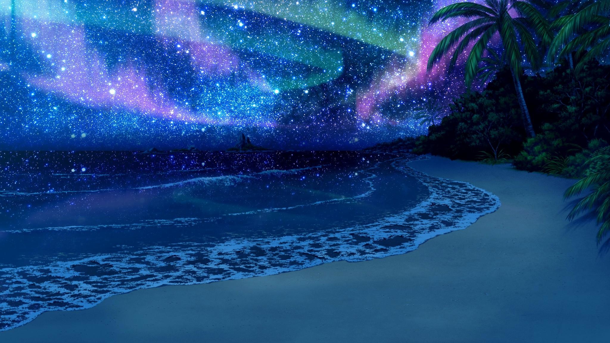 Spiaggia, Aurora, Cielo stellato, Anime, Notte, 16:9 Full HD, sfondo widescreen