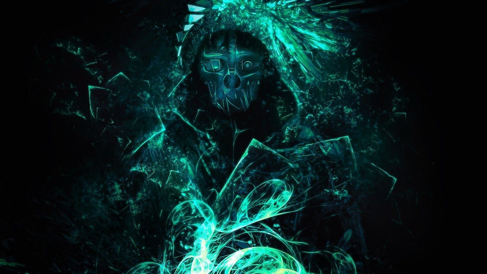 Corvo Attano, Dishonored, Maschera, Arte digitale, Verde acqua, Full HD, sfondo Windows 11