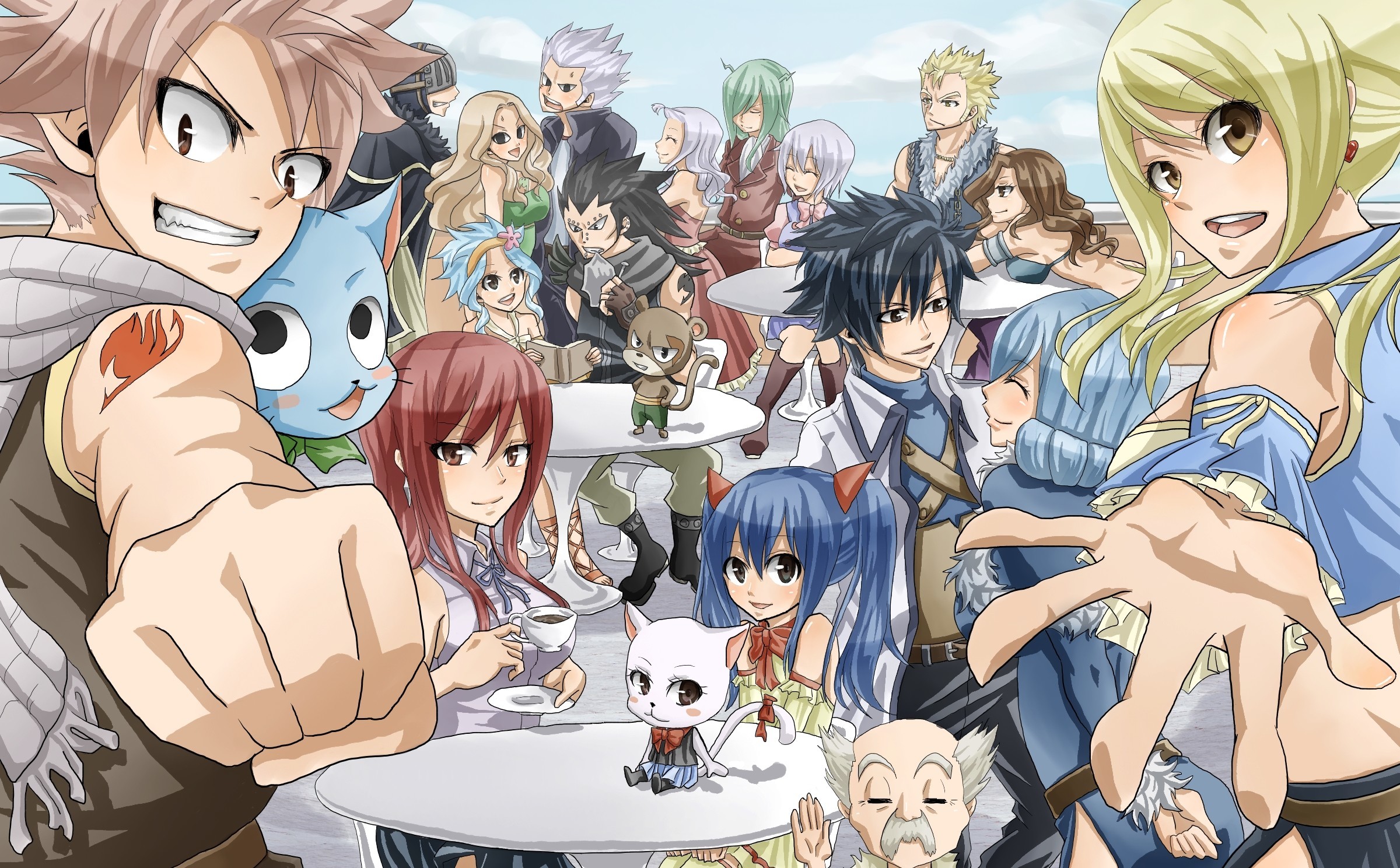 Fairy Tail, Natsu Dragneel, Lucy Heartfilia, Happy, Erza Scarlet, Gruppo, sfondo desktop Full HD
