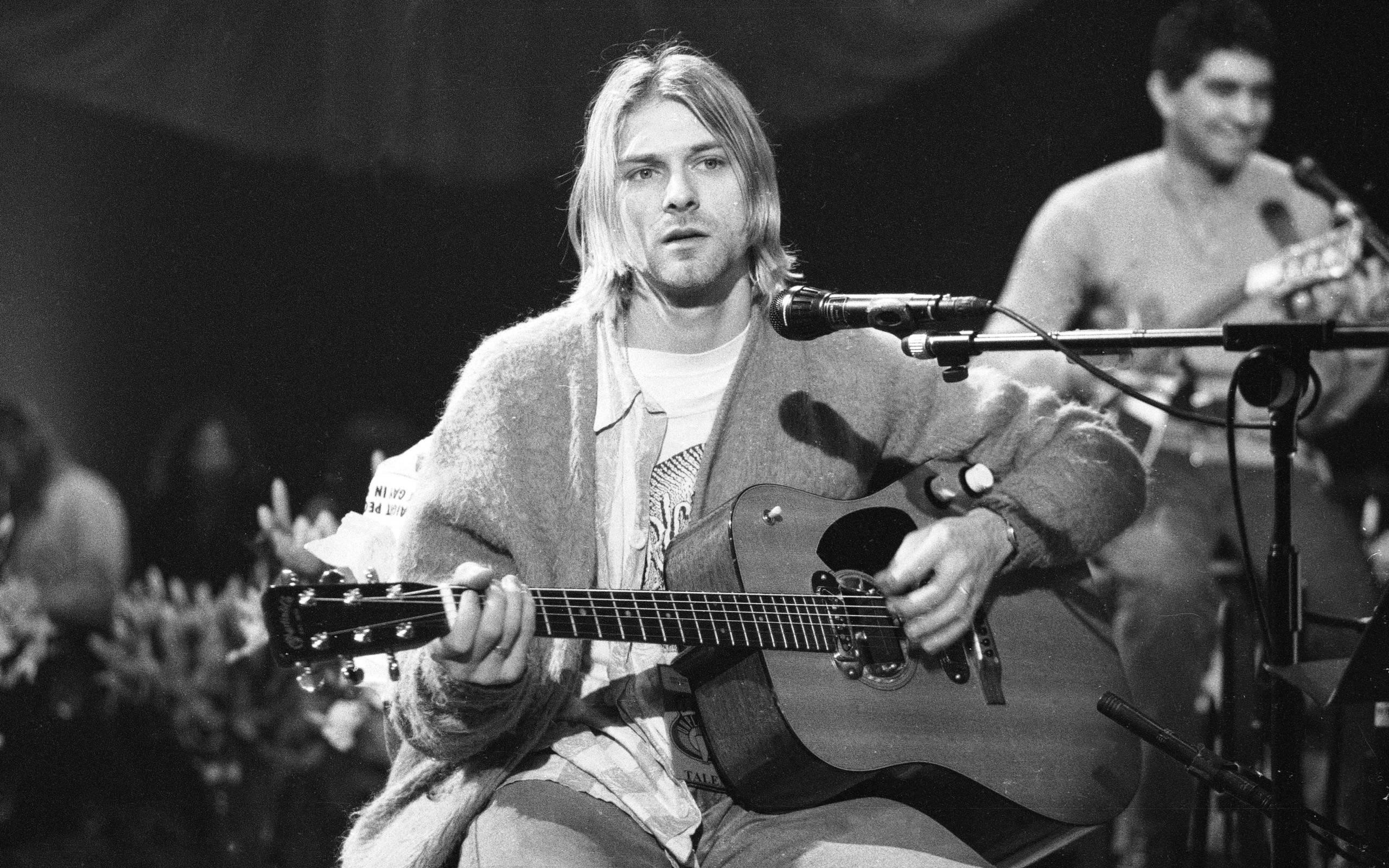 Kurt Cobain, MTV Unplugged in New York, Nirvana, Chitarra acustica, Bianco e nero, sfondo 1600p