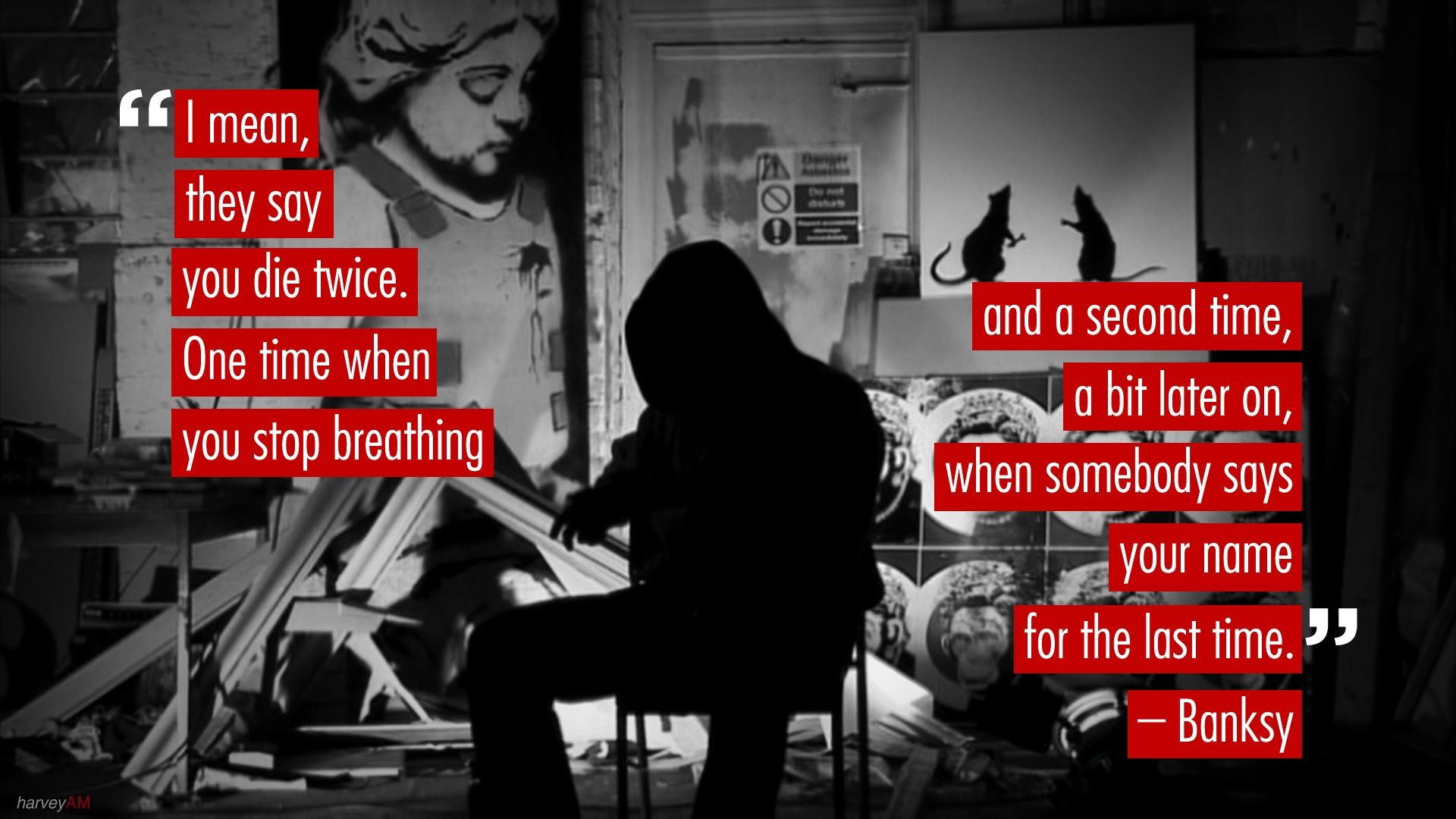 Banksy, Citazione, Bianco e nero, Testo rosso, Studio d'artista, sfondo widescreen Full HD