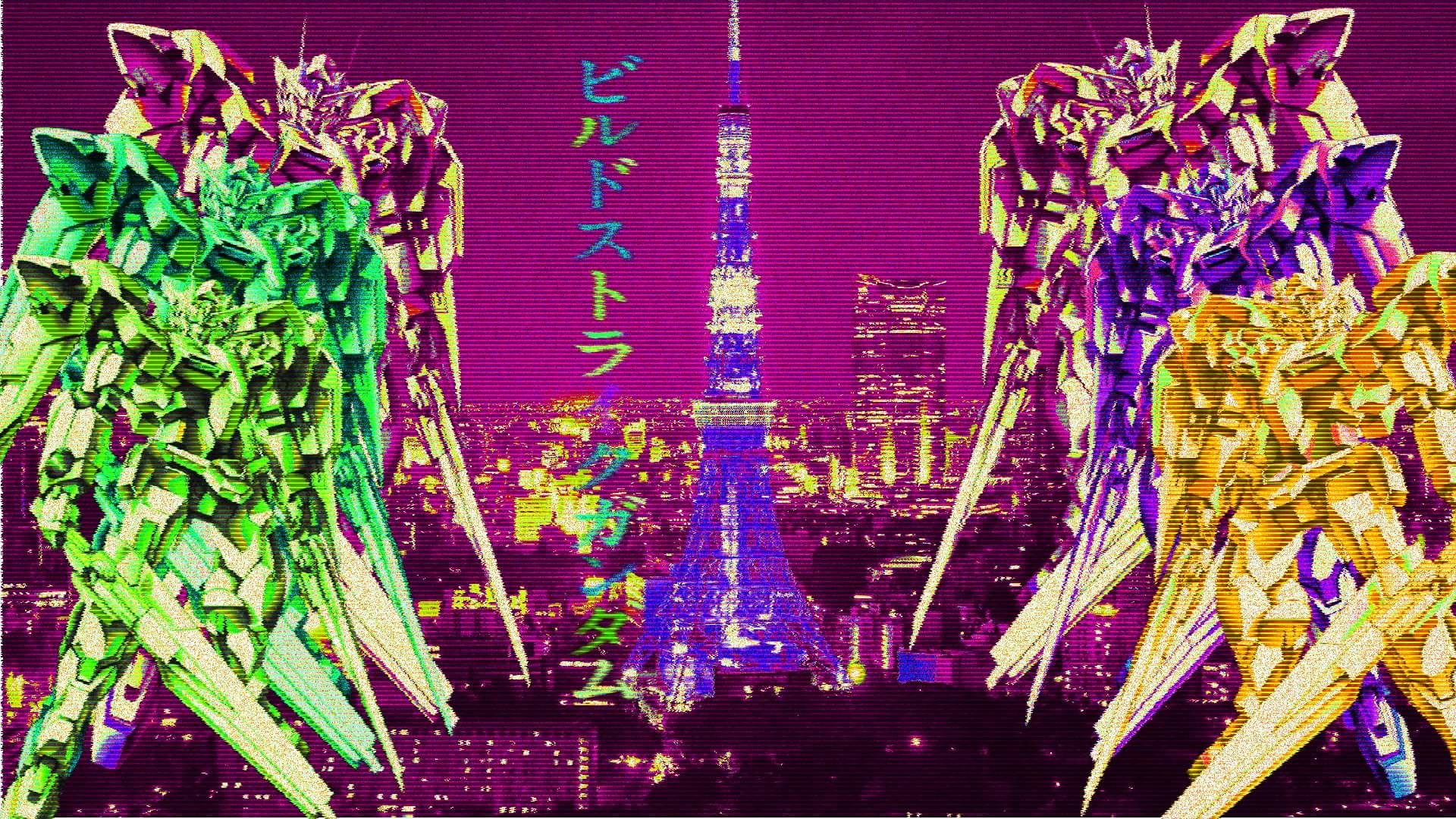 Vaporwave, Gundam, Tokyo Tower, Gundam Build Fighters, Notte, Full HD, sfondo desktop