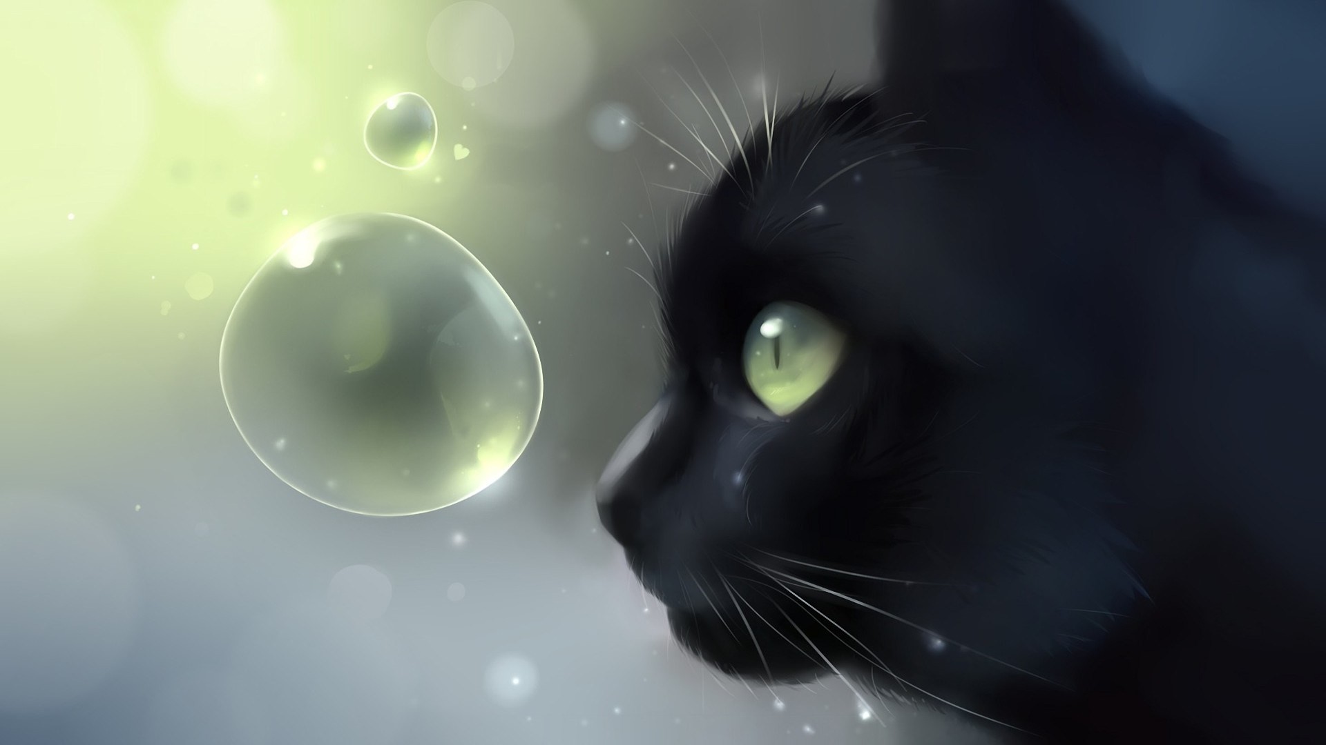 Gatto nero, Bolle, Occhi verdi, Illustrazione, Primo piano, 1920x1080, sfondo per PC