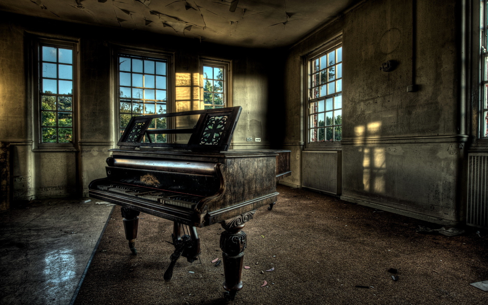Pianoforte a coda, Stanza abbandonata, Urbex, HDR, 16:10 Full HD, sfondo widescreen