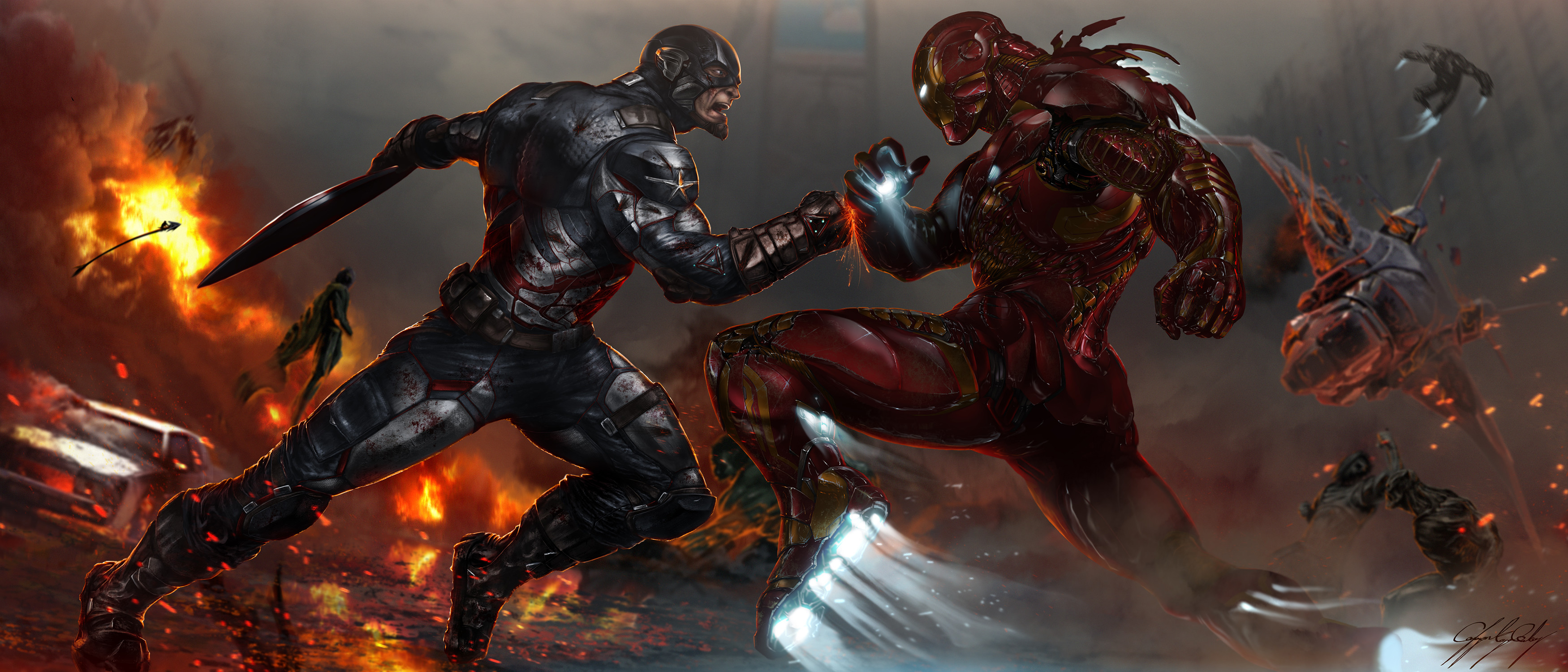 Captain America, Iron Man, Captain America: Civil War, Combattimento, Fiamme, sfondo 2K