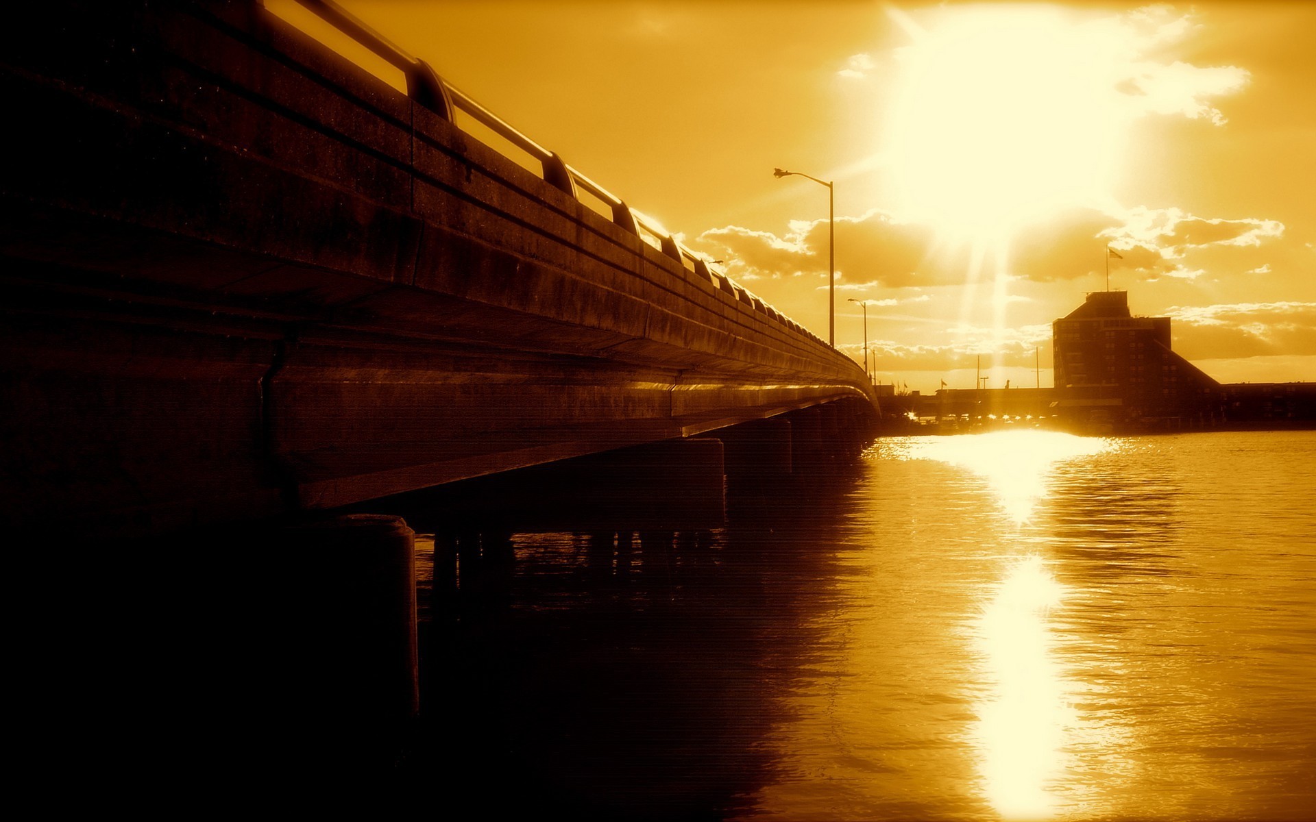 Ponte, Tramonto, Dorato, Riflesso del sole, Monocromatico, Full HD, sfondo desktop