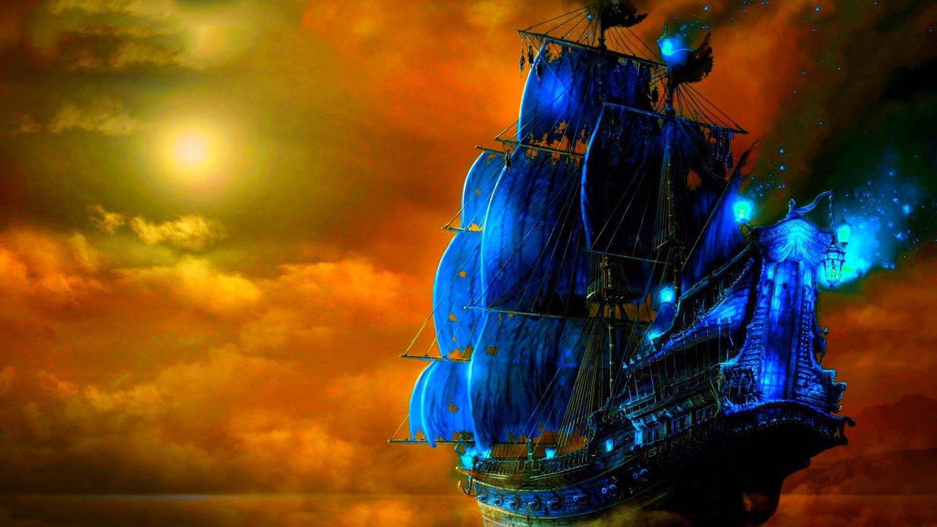 Nave pirata, Vele blu, Tramonto, Cielo arancione, Full HD, sfondo per PC