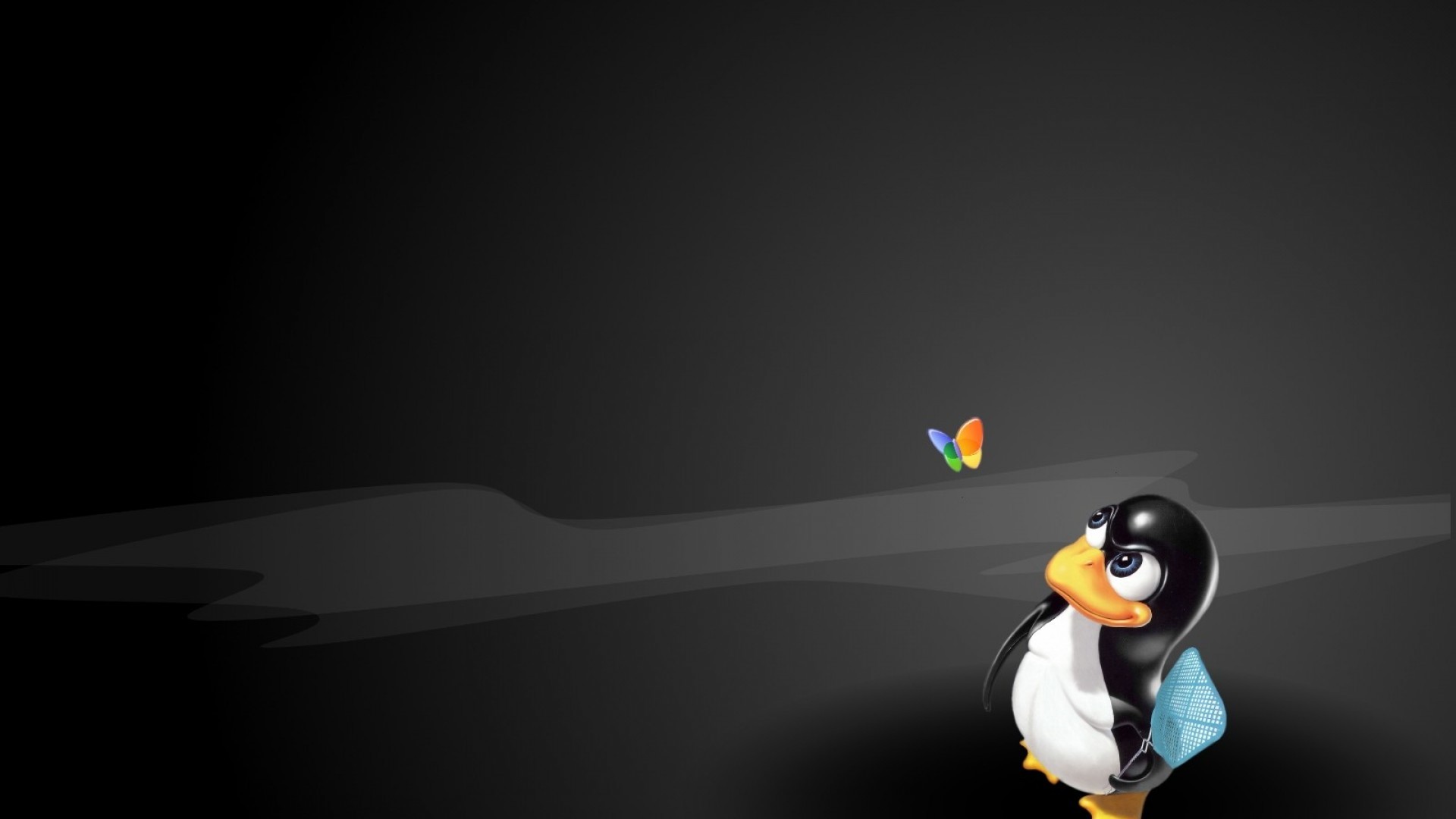 Tux, Linux, Windows, Rendering 3D, Sfondo grigio, 16:9 Full HD, wallpaper widescreen