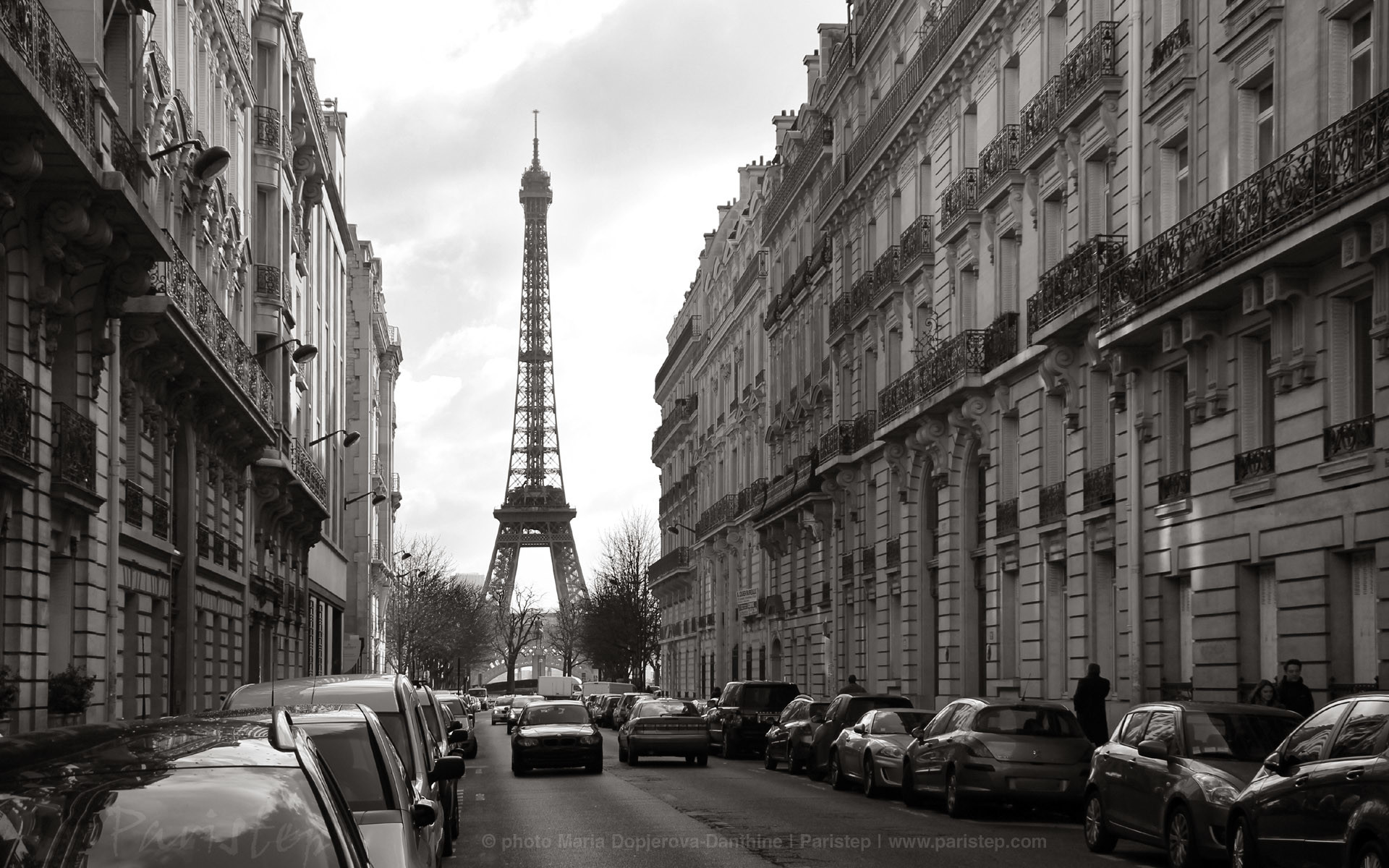 Torre Eiffel, Parigi, Strada, Bianco e nero, 16:10 Full HD, wallpaper widescreen