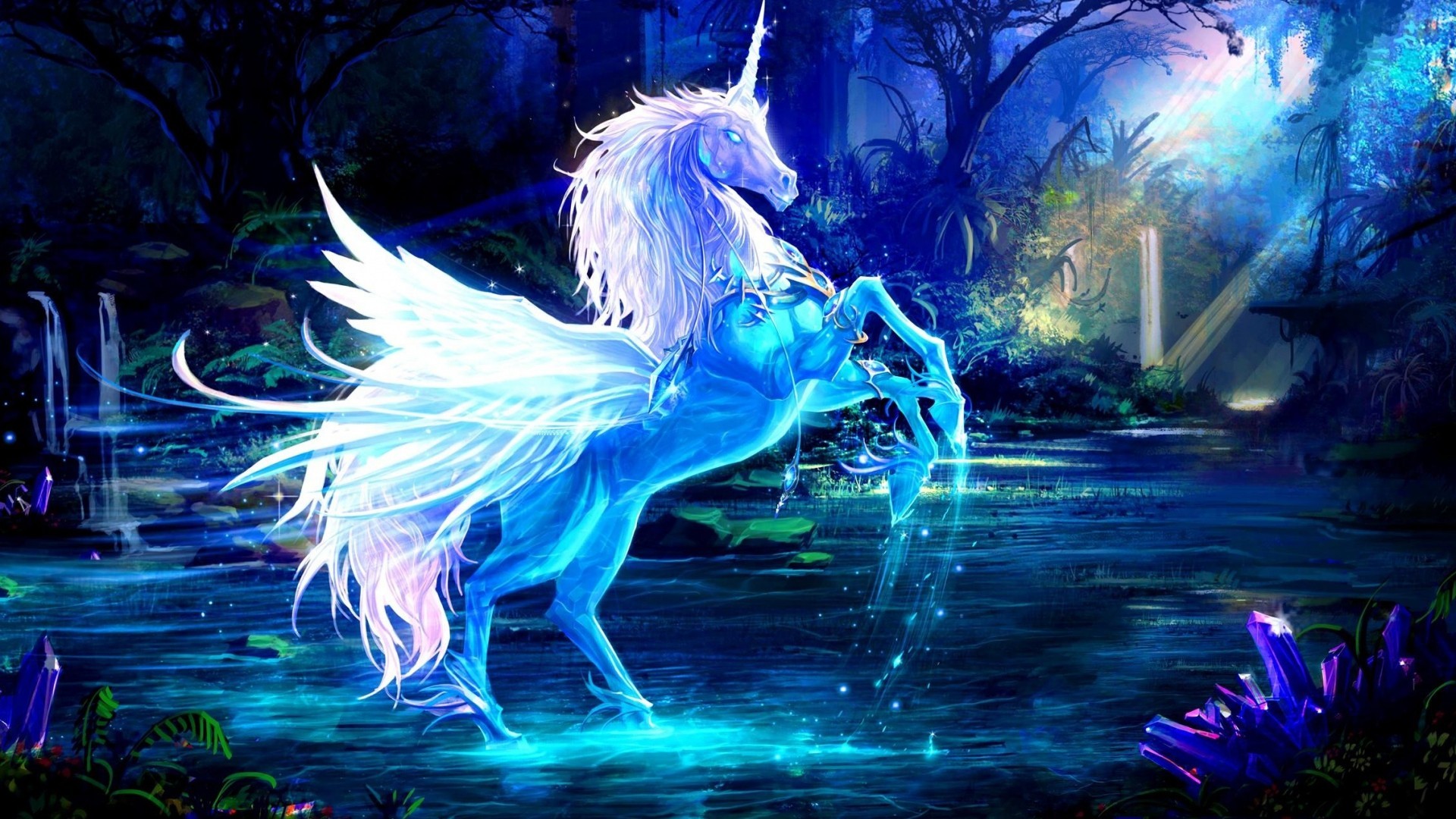 Unicorno alato, Lago, Foresta, Fantasy, Blu, Full HD 1080p, sfondo desktop