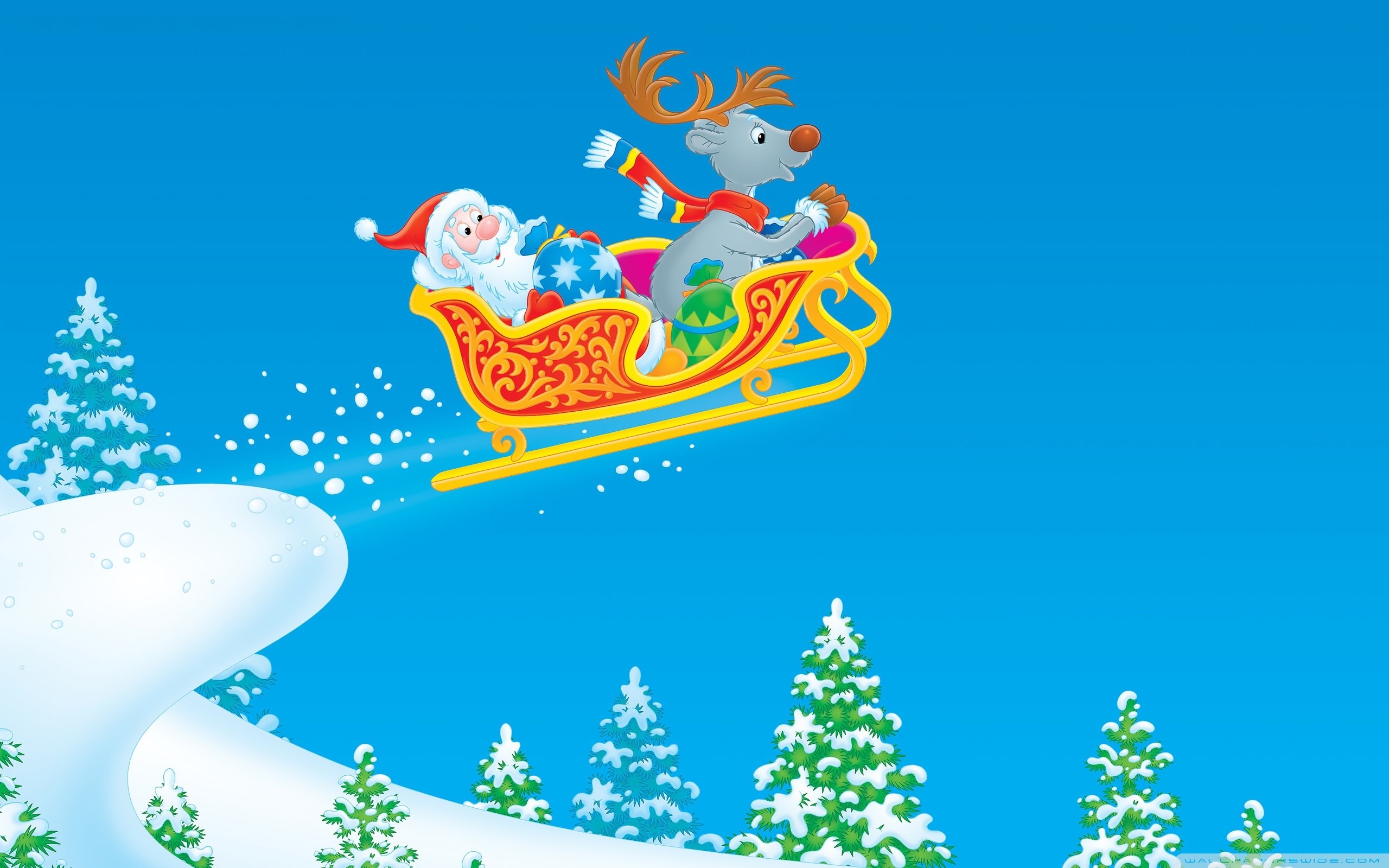 Babbo Natale, Slitta, Renna, Neve, Cartoon, 2K, wallpaper per computer