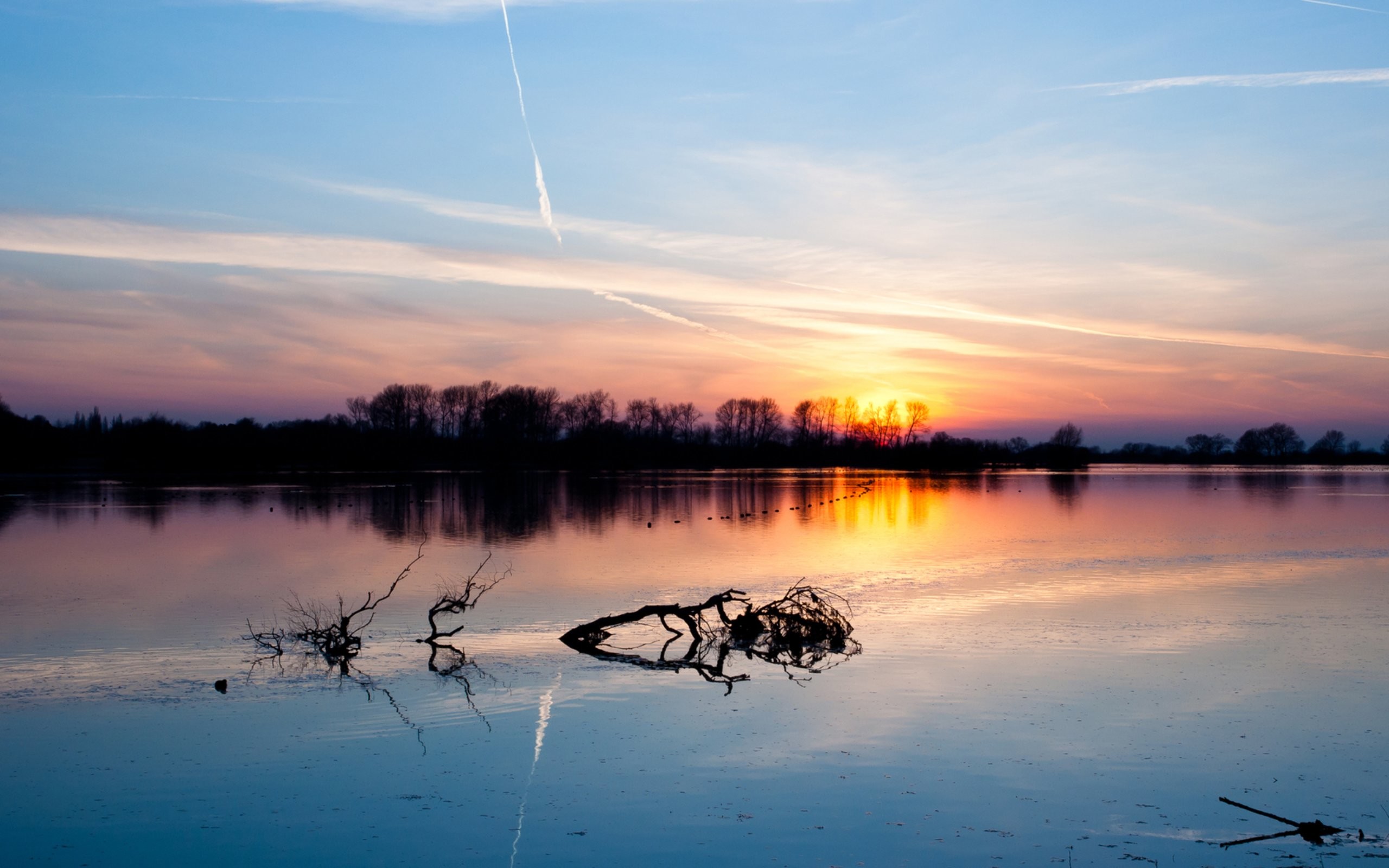 Lago, Tramonto, Riflesso, Alberi, Cielo, 2K, immagine di sfondo Mac