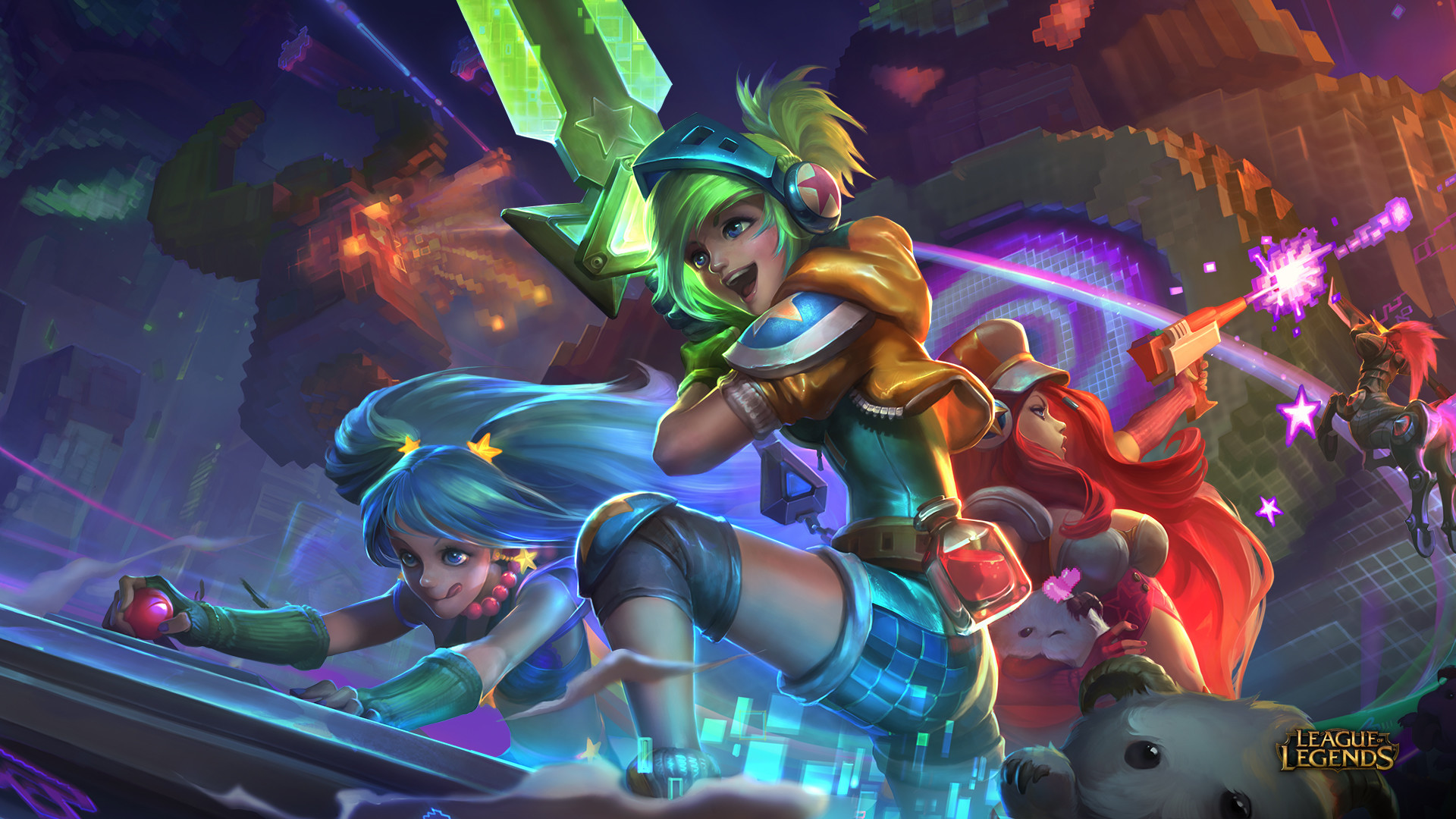 Arcade, Sona, Riven, Miss Fortune, League of Legends, Pixel, Full HD, sfondo per PC e portatile