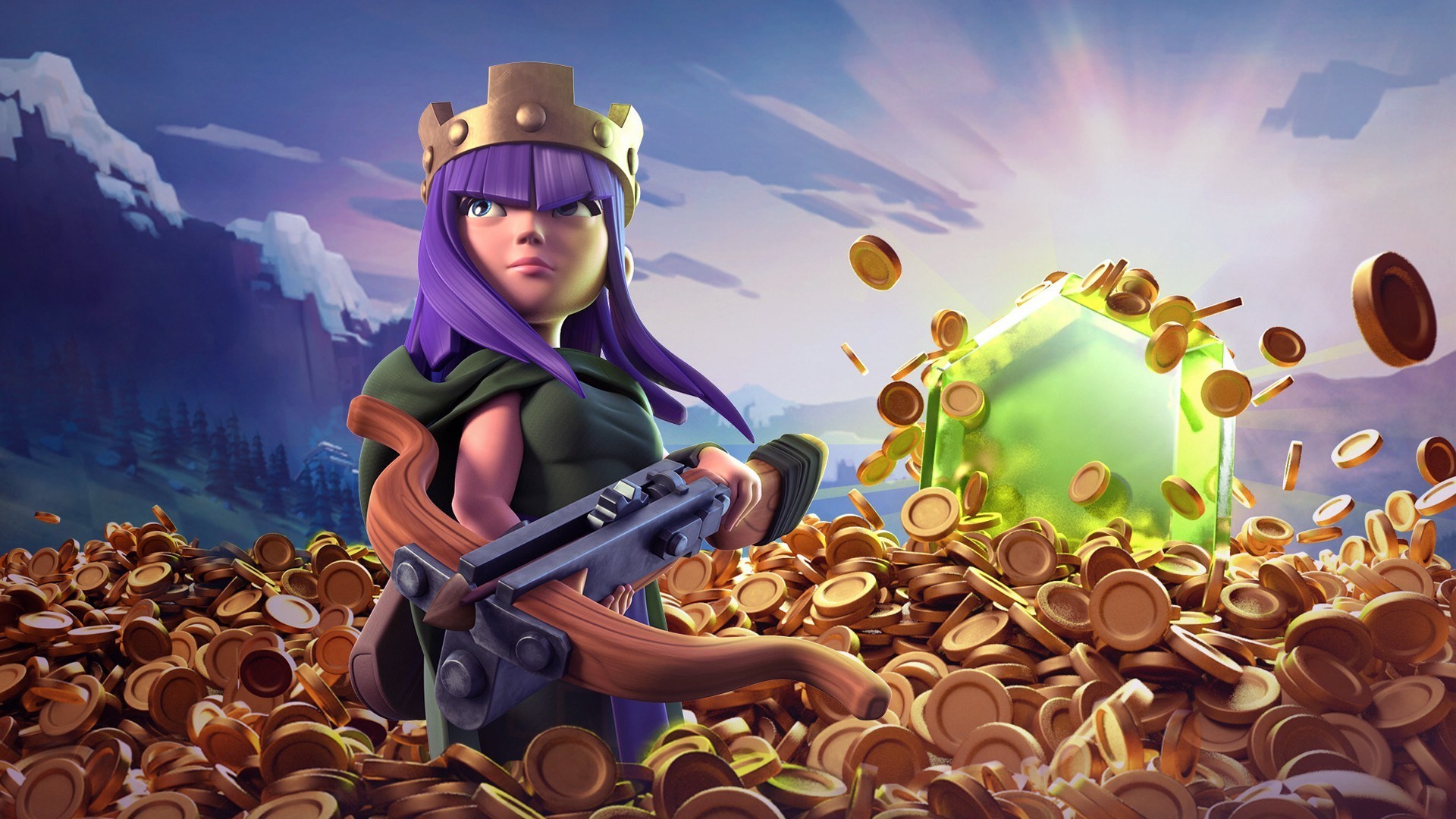 Regina degli Arcieri, Clash of Clans, Monete d'oro, Gemma, Montagne, sfondo Full HD per portatile