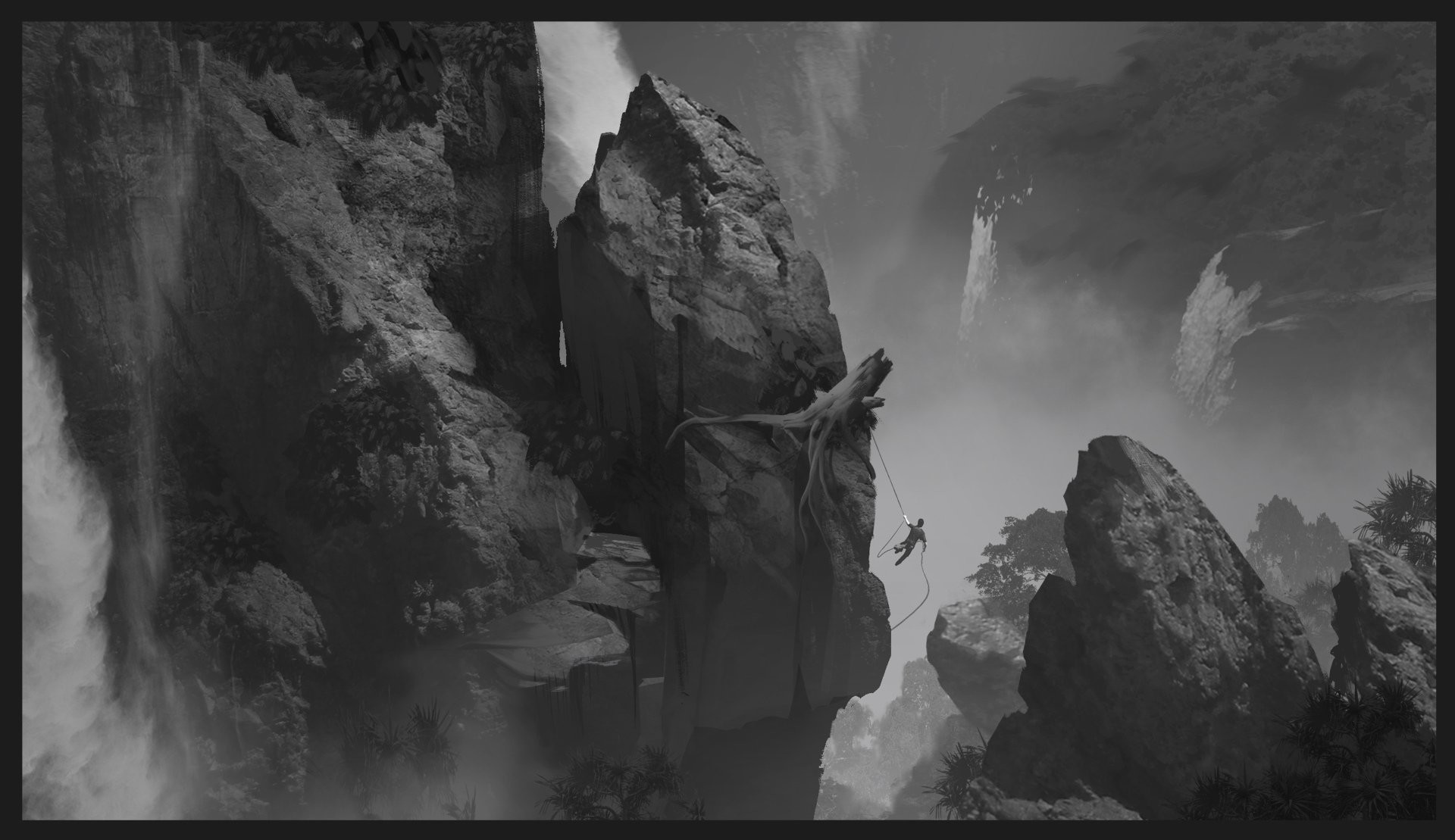 Uncharted 4, Scogliere, Bianco e nero, Concept art, Full HD, sfondo per portatile