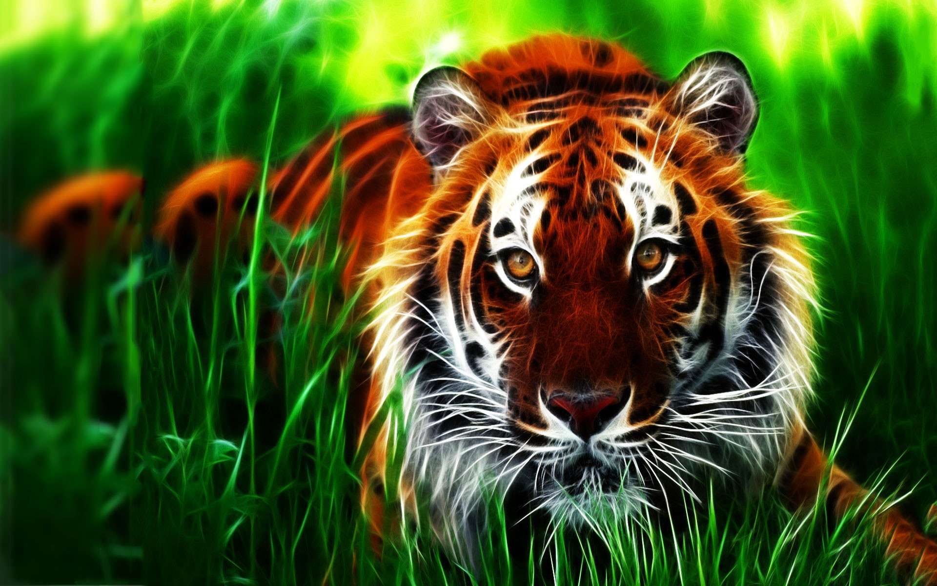 Tigre, Arte frattale, Erba, Verde, Full HD, wallpaper per computer