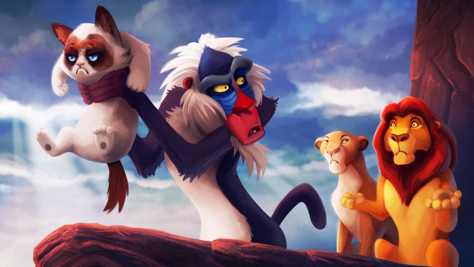 Il Re Leone, Rafiki, Simba, Nala, Grumpy Cat, Parodia, 1920x1080, immagine di sfondo