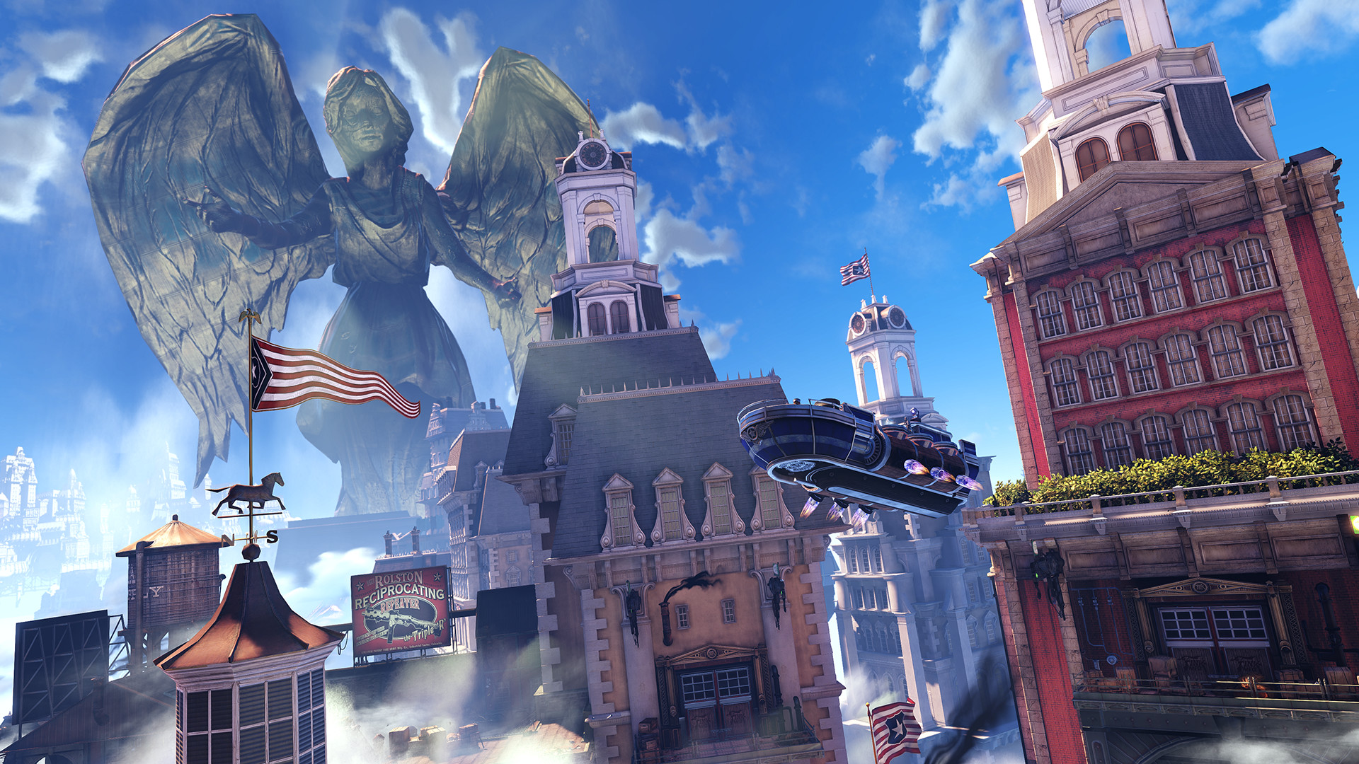 Columbia, BioShock Infinite, Statua alata, Bandiera americana, Full HD, sfondo Windows 11
