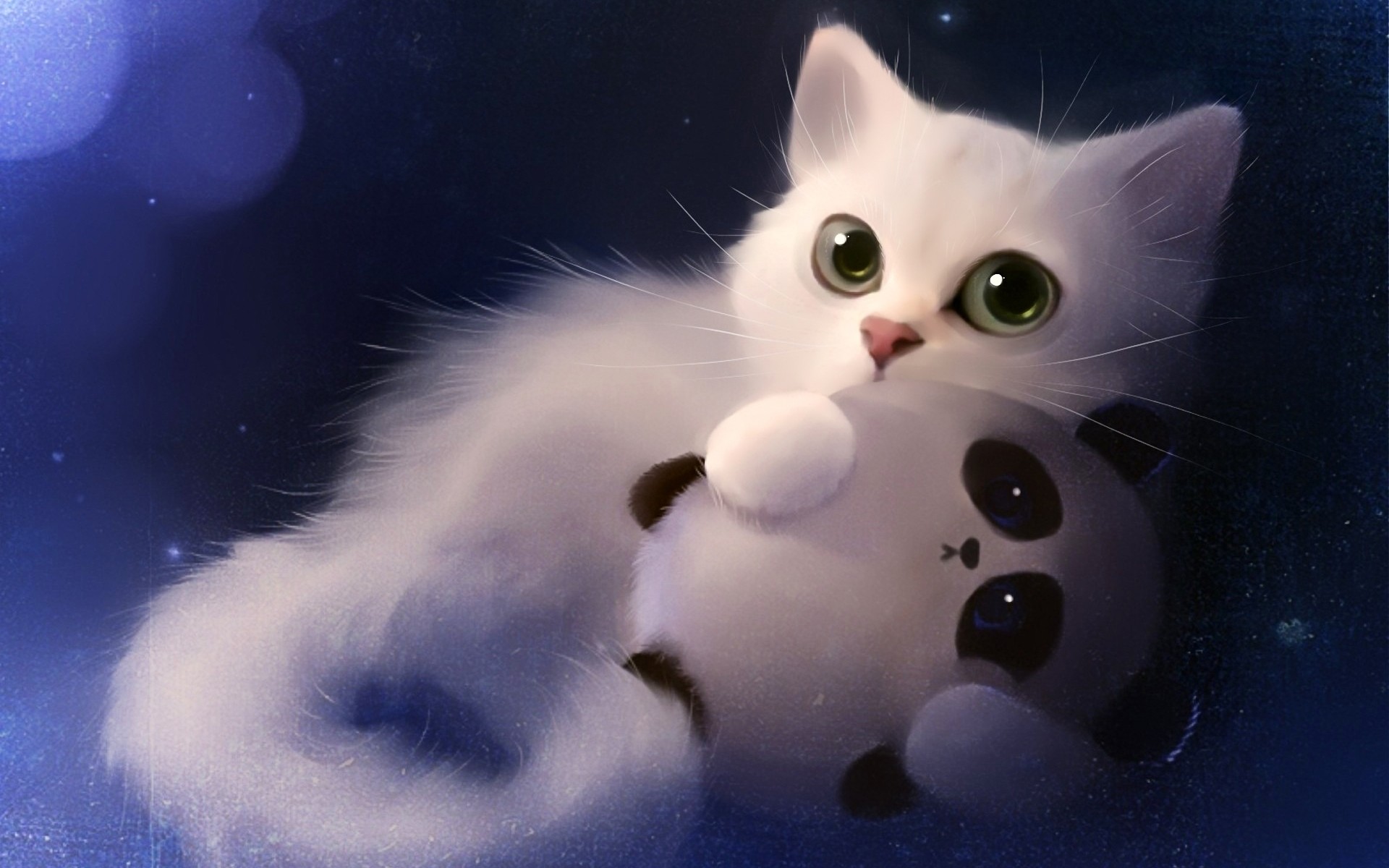 Gattino bianco, Panda, Apofiss, Illustrazione, Full HD, sfondo per portatile