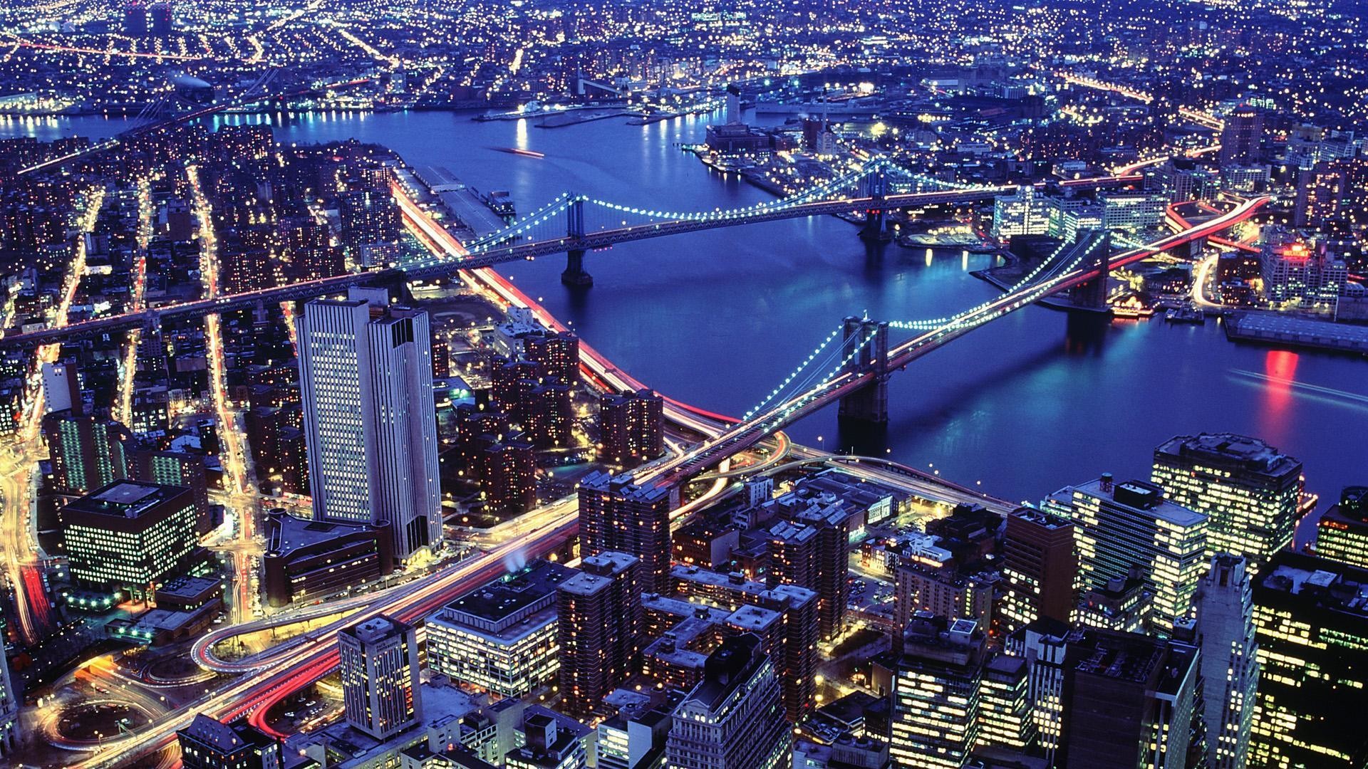 Ponte di Brooklyn, Ponte di Manhattan, New York, Vista aerea, Notte, sfondo Full HD per computer