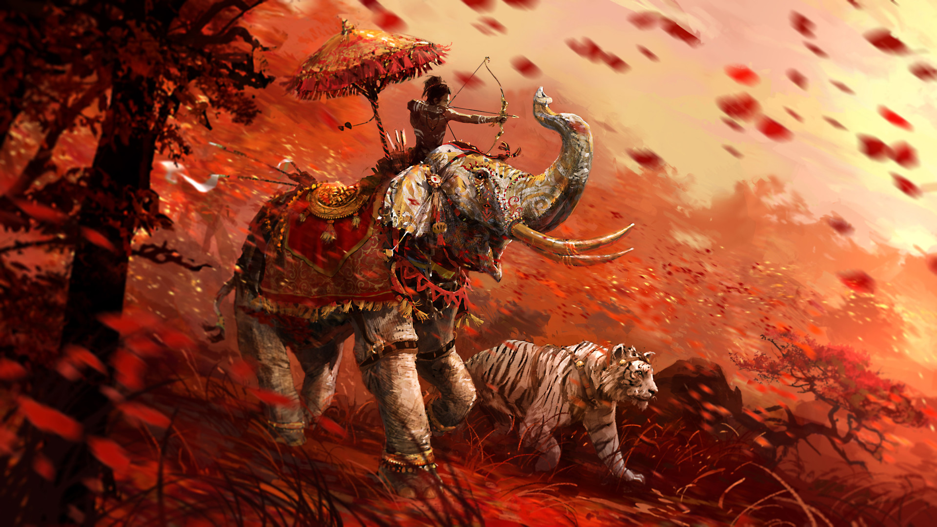 Far Cry 4, Elefante, Tigre, Arciere, Rosso, 16:9 Full HD, sfondo widescreen