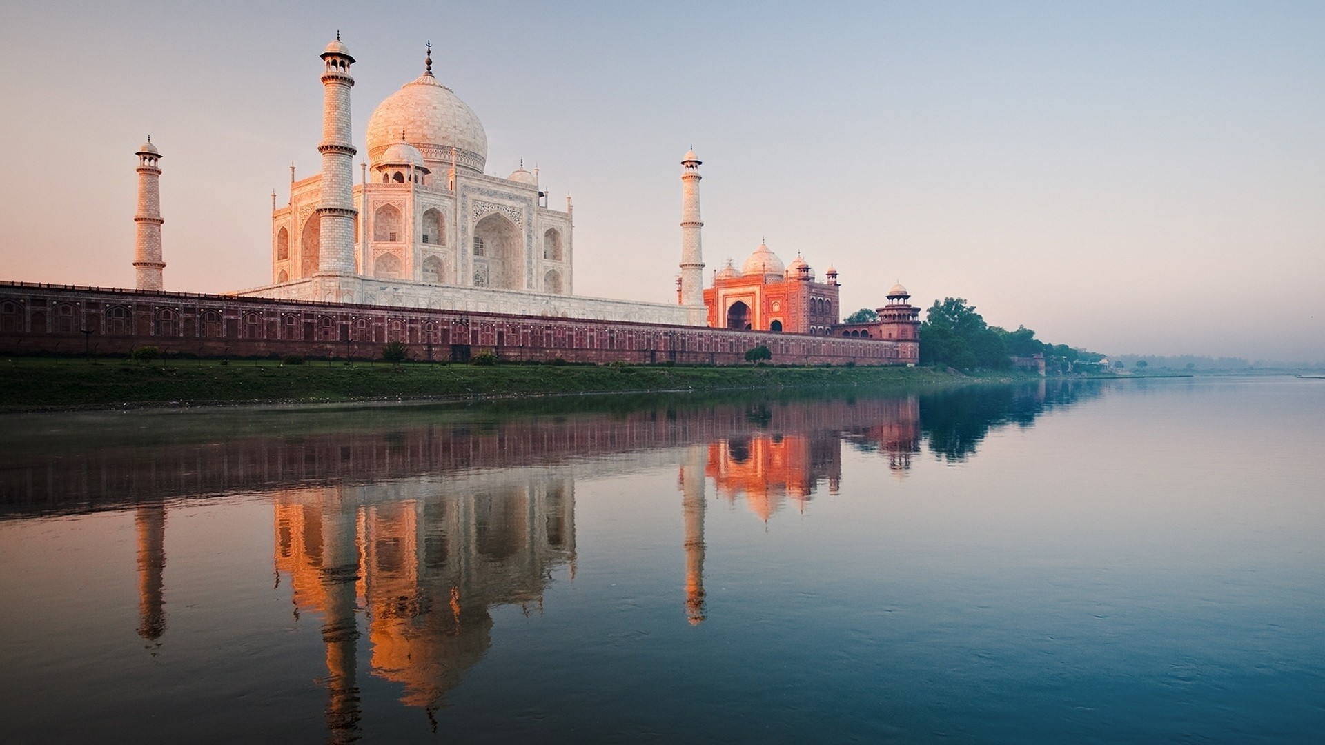 Taj Mahal, Fiume Yamuna, India, Riflesso, Alba, 1920x1080, immagine di sfondo